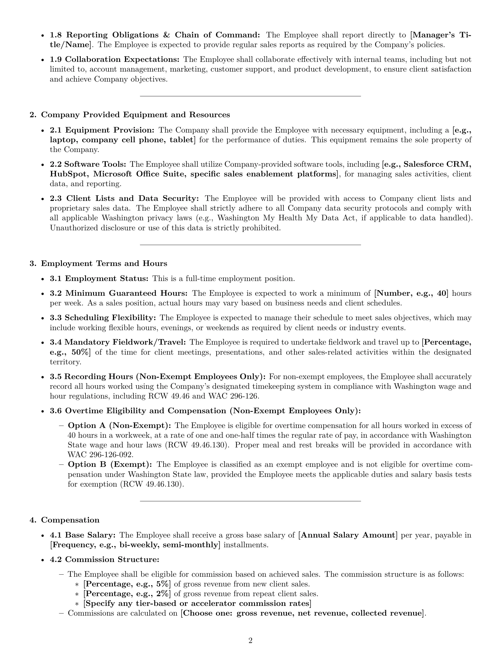 Preview page 2 of Pro Washington sales representative employment contract template