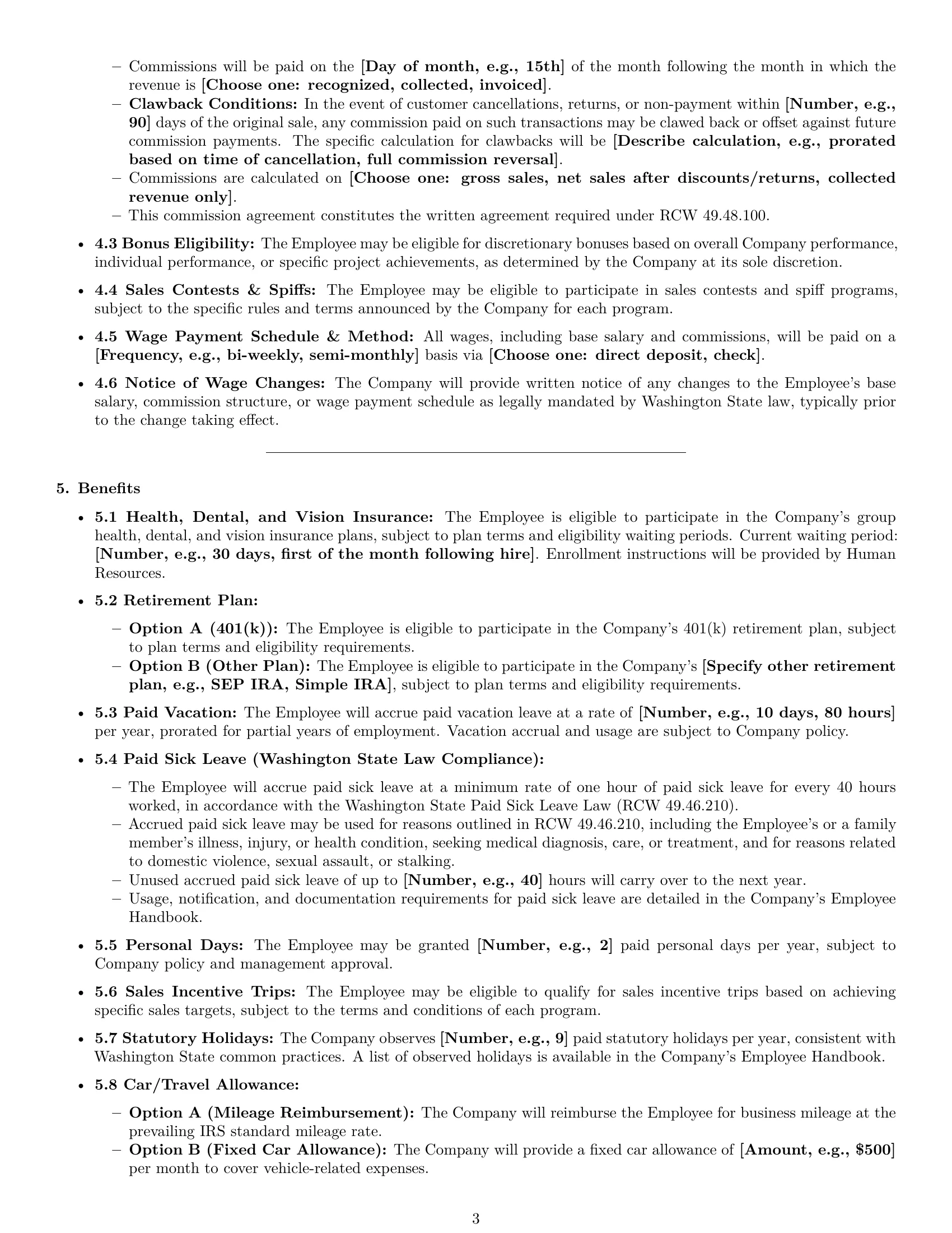 Preview page 3 of Pro Washington sales representative employment contract template
