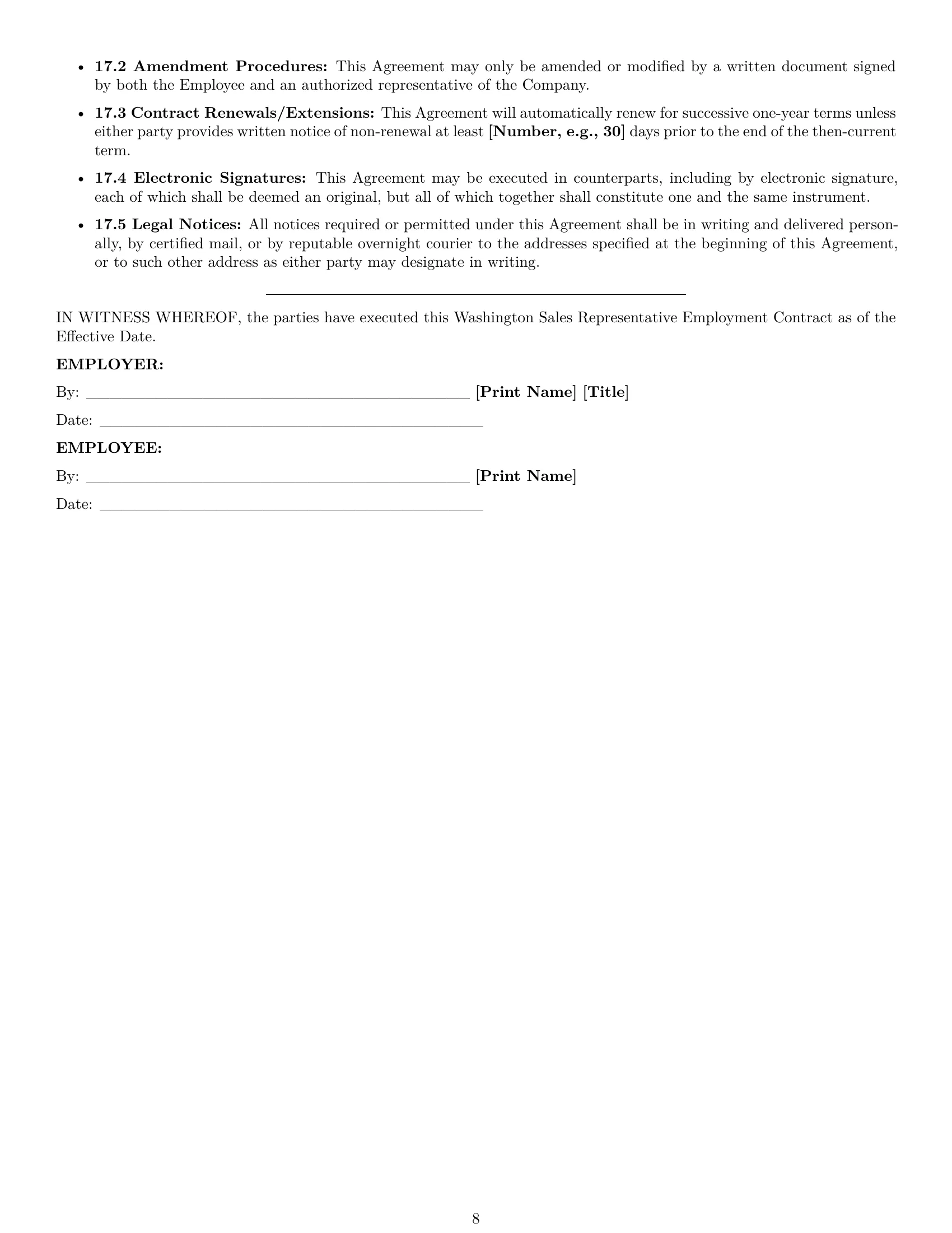 Preview page 8 of Pro Washington sales representative employment contract template