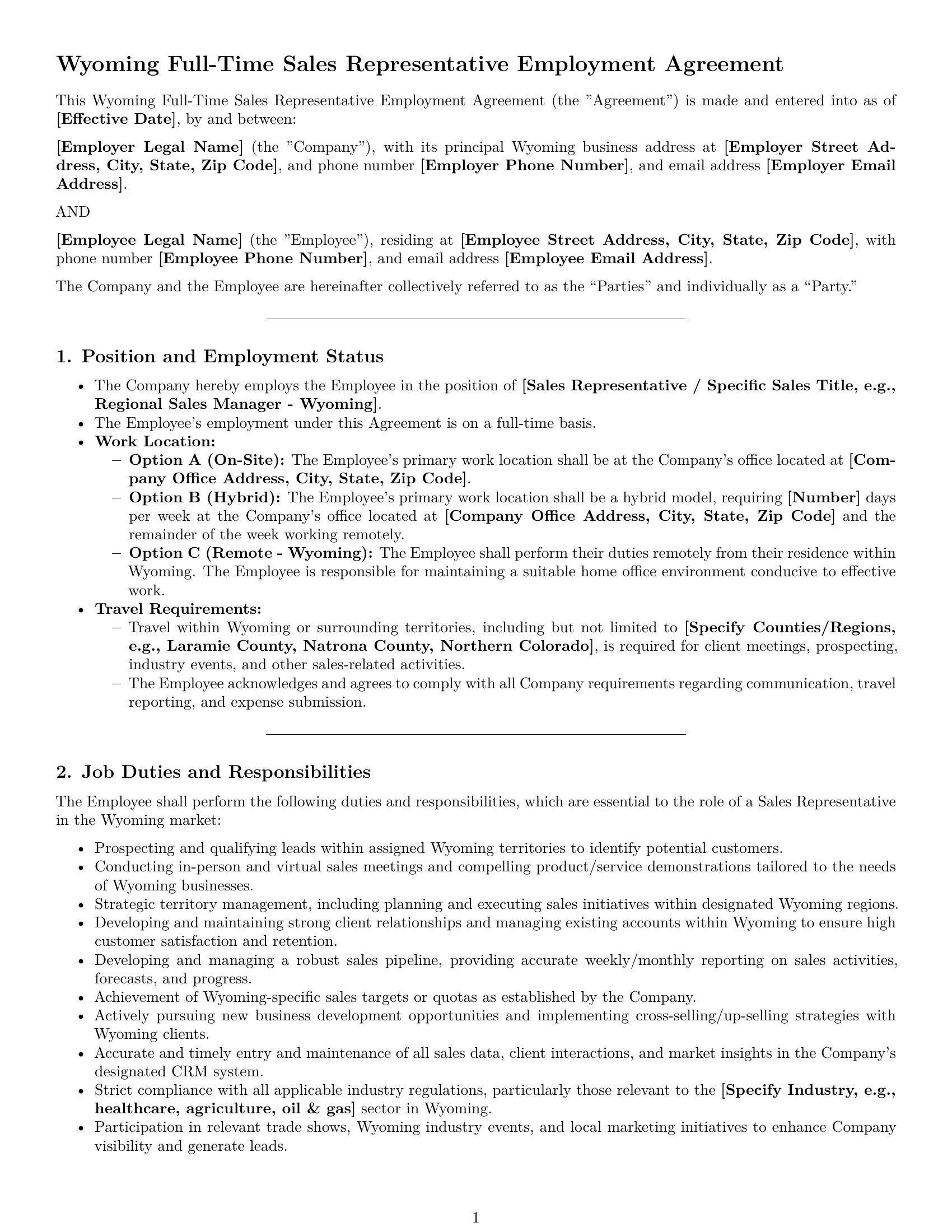 Preview page 1 of Pro Wyoming sales representative employment contract template