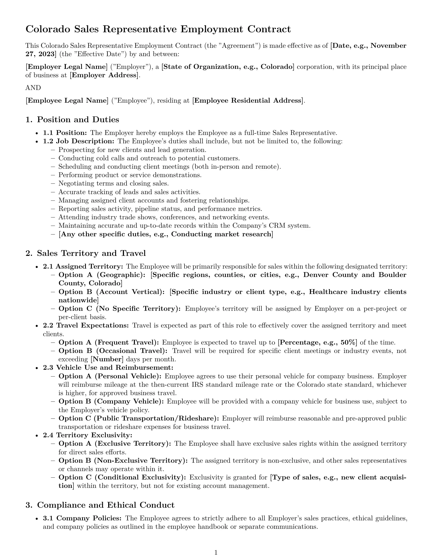 Preview page 1 of Pro Colorado sales representative employment contract template