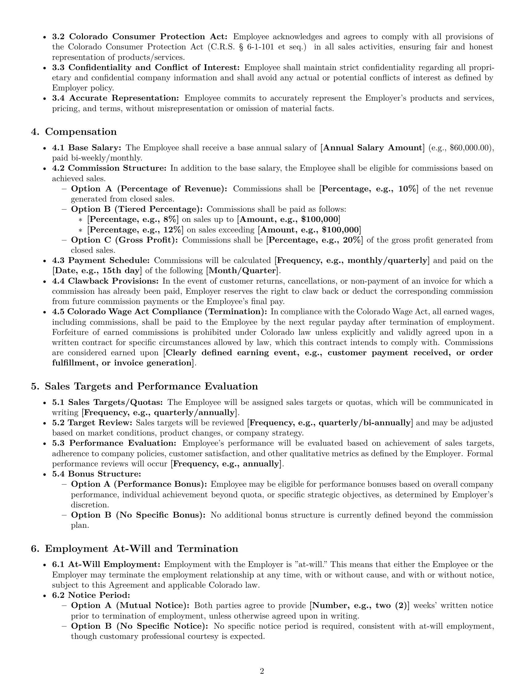 Preview page 2 of Pro Colorado sales representative employment contract template