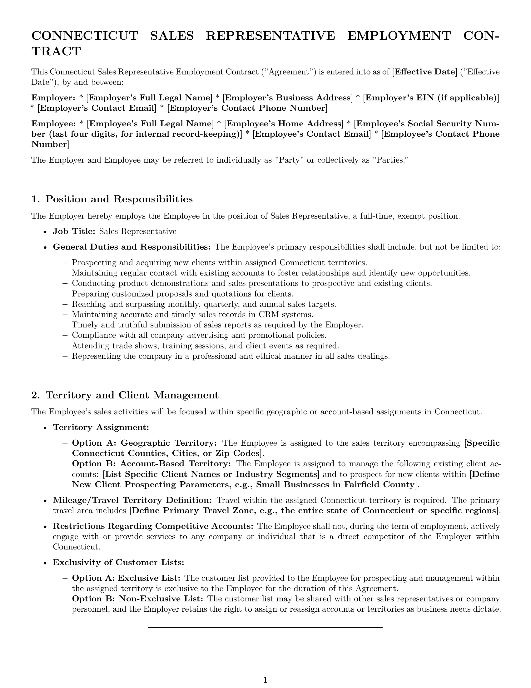 Preview page 1 of Pro Connecticut sales representative employment contract template