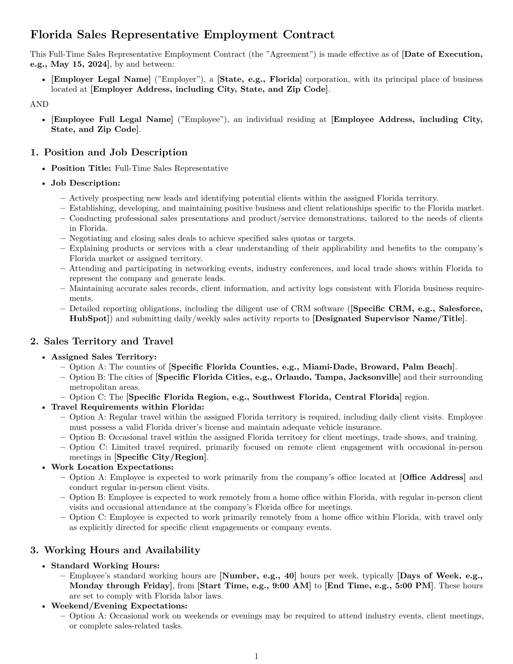 Preview page 1 of Pro Florida sales representative employment contract template
