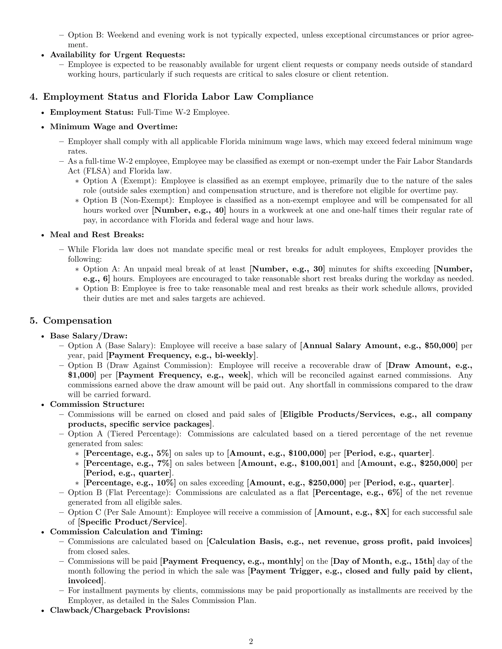 Preview page 2 of Pro Florida sales representative employment contract template