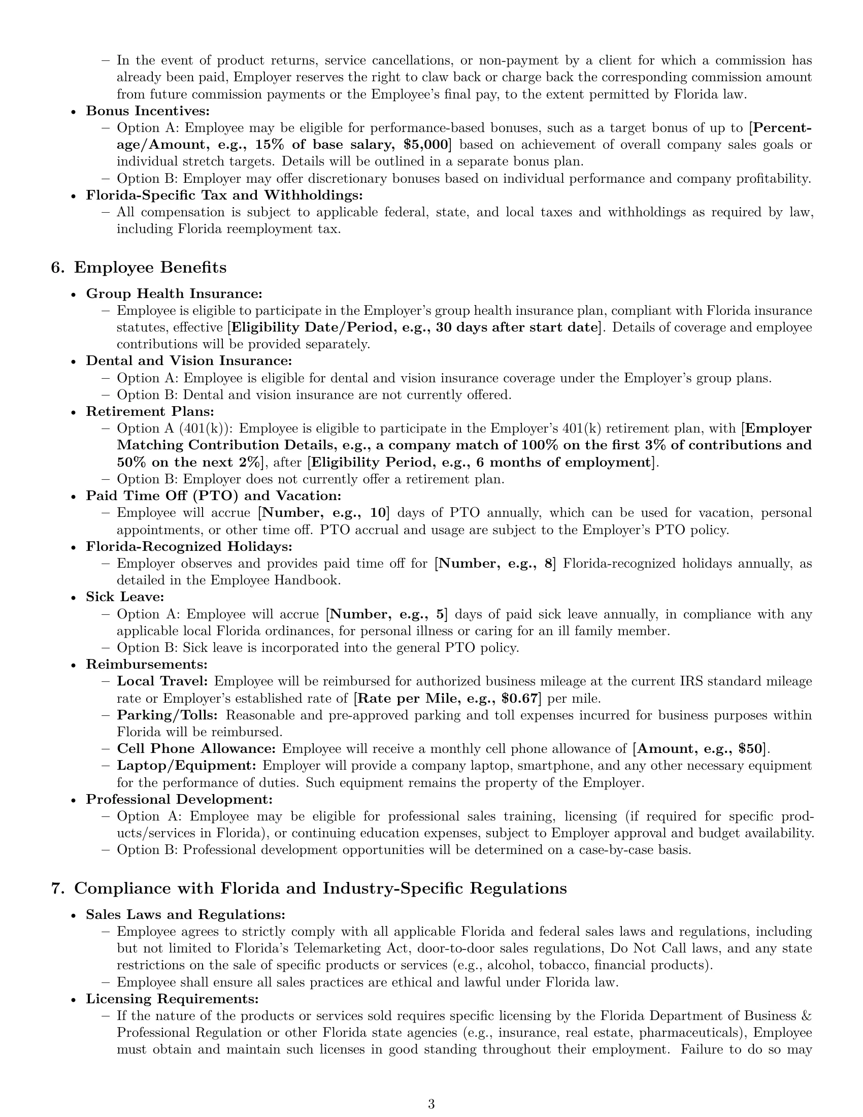 Preview page 3 of Pro Florida sales representative employment contract template