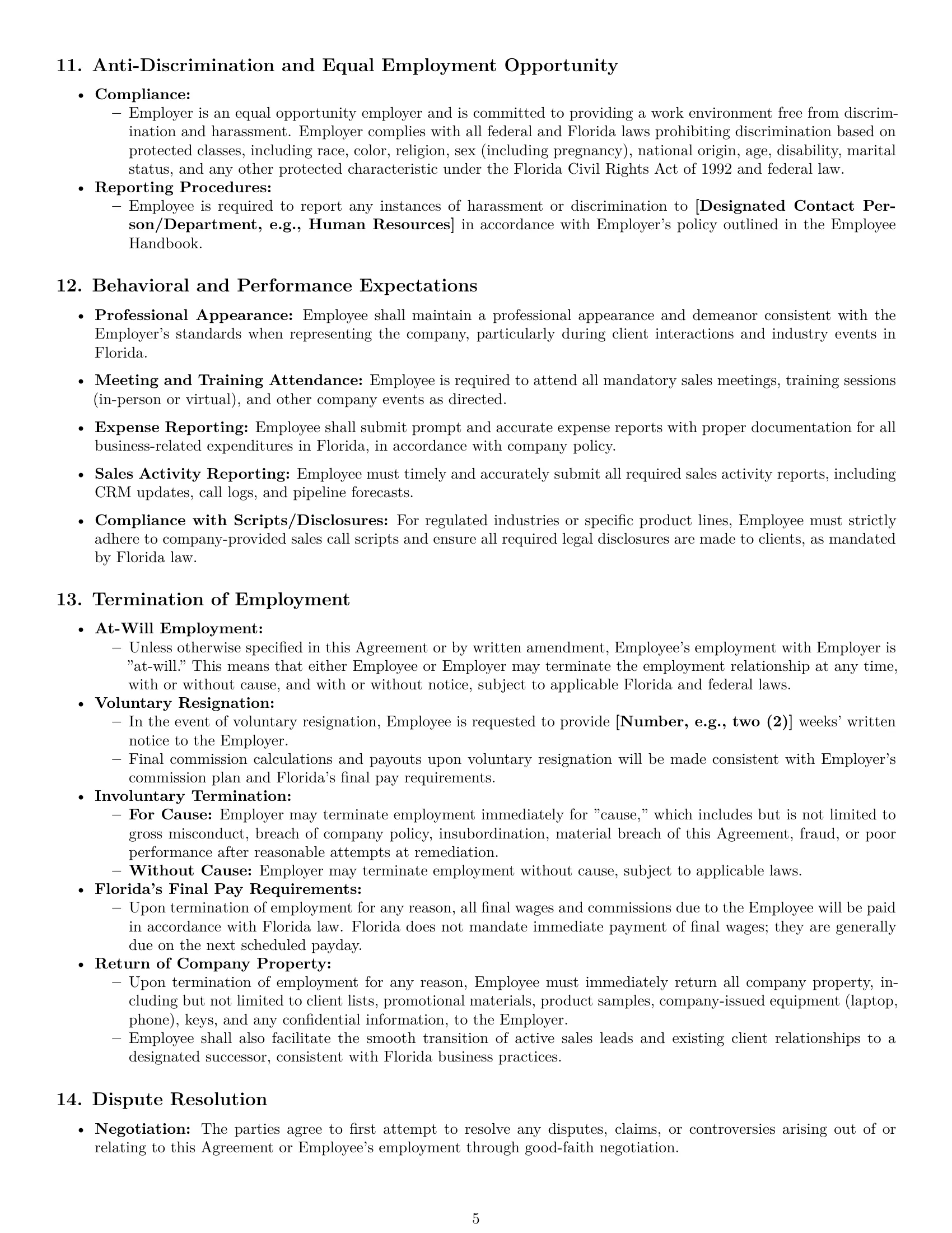 Preview page 5 of Pro Florida sales representative employment contract template