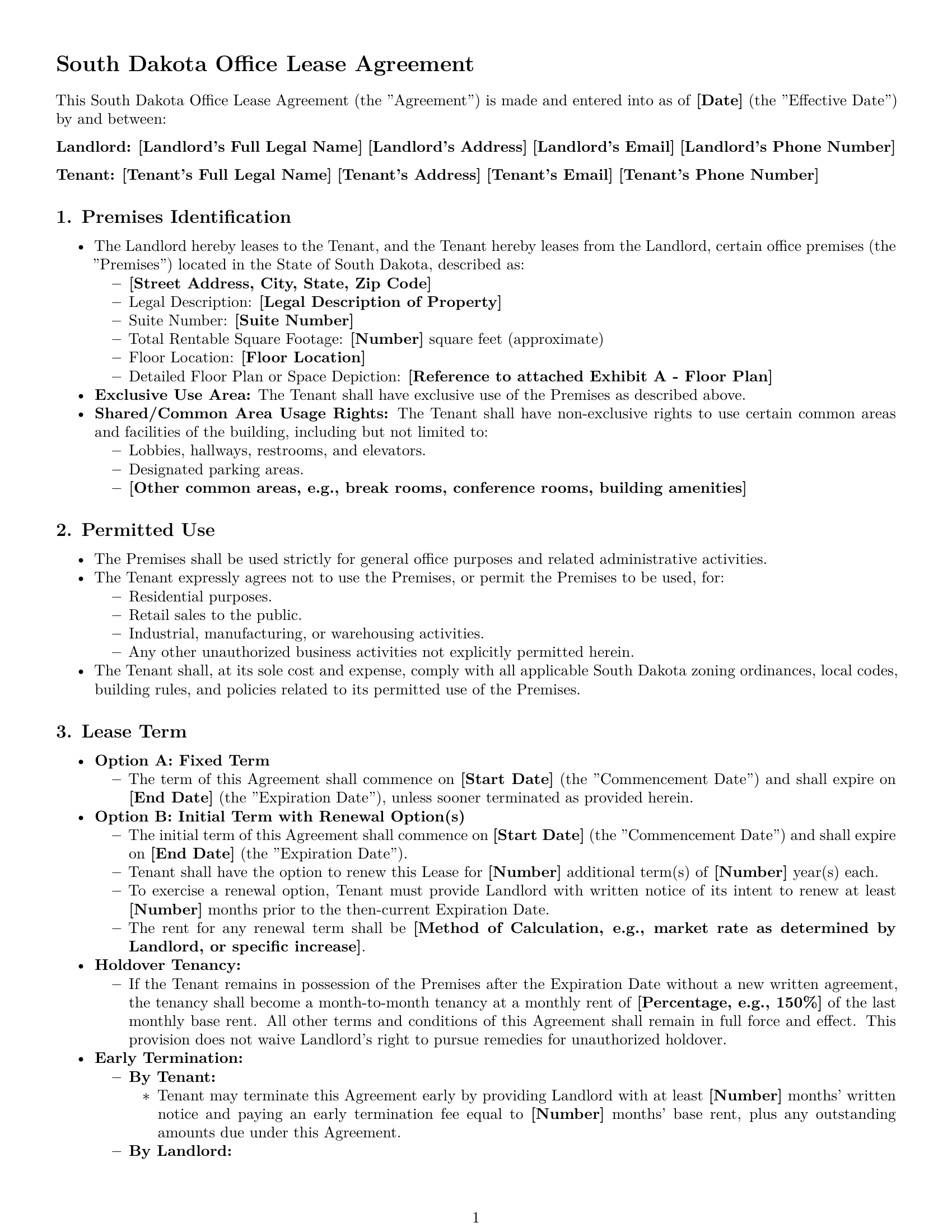 Preview page 1 of Pro South Dakota office lease agreement template