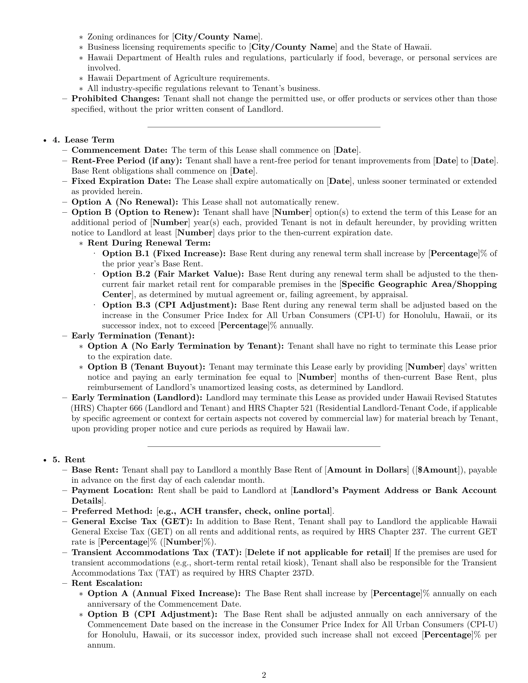 Preview page 2 of Pro Hawaii retail lease agreement template