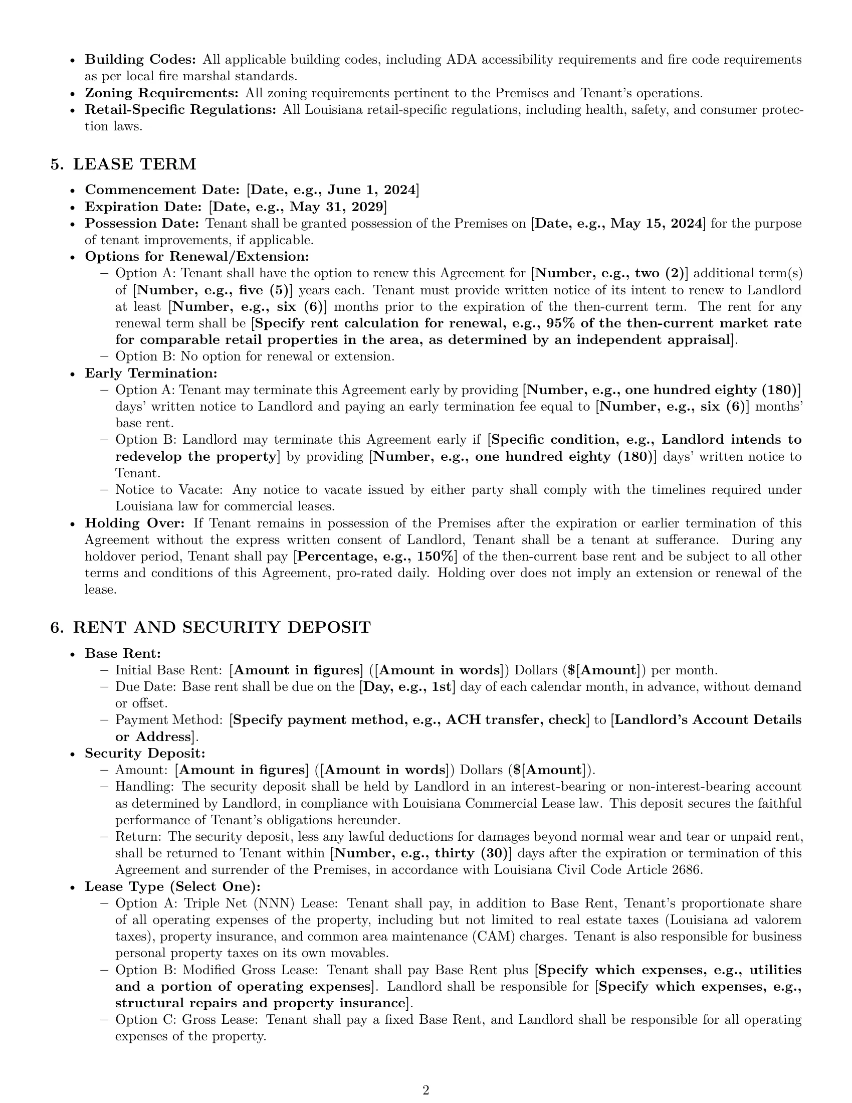 Preview page 2 of Pro Louisiana retail lease agreement template