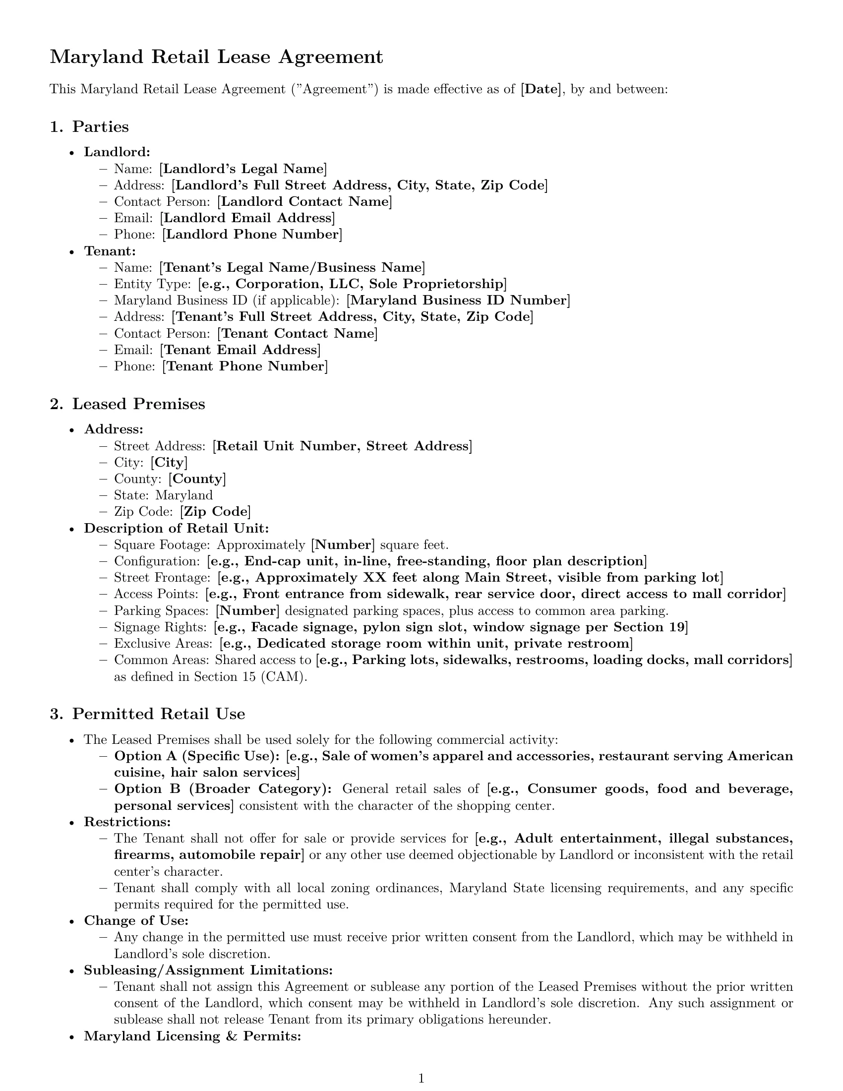 Preview page 1 of Pro Maryland retail lease agreement template