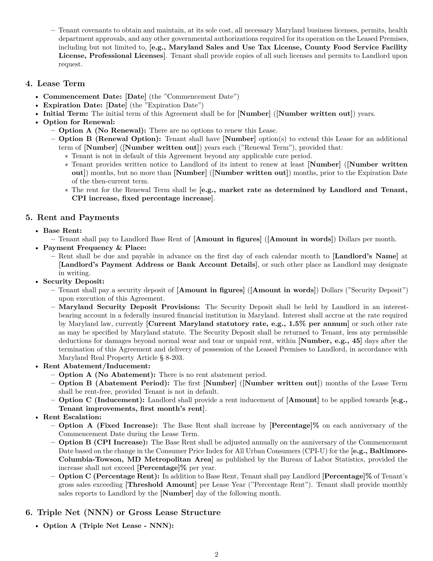 Preview page 2 of Pro Maryland retail lease agreement template