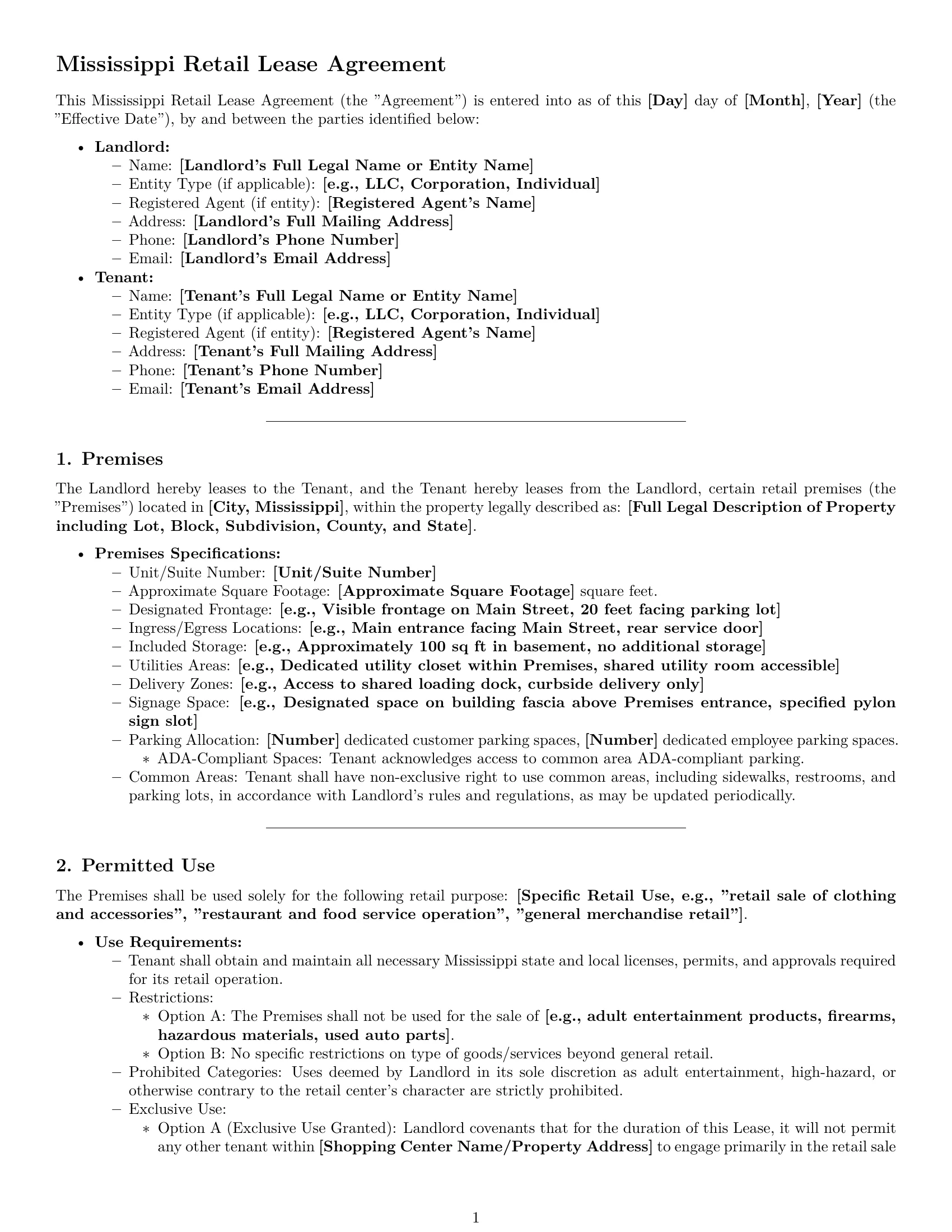 Preview page 1 of Pro Mississippi retail lease agreement template