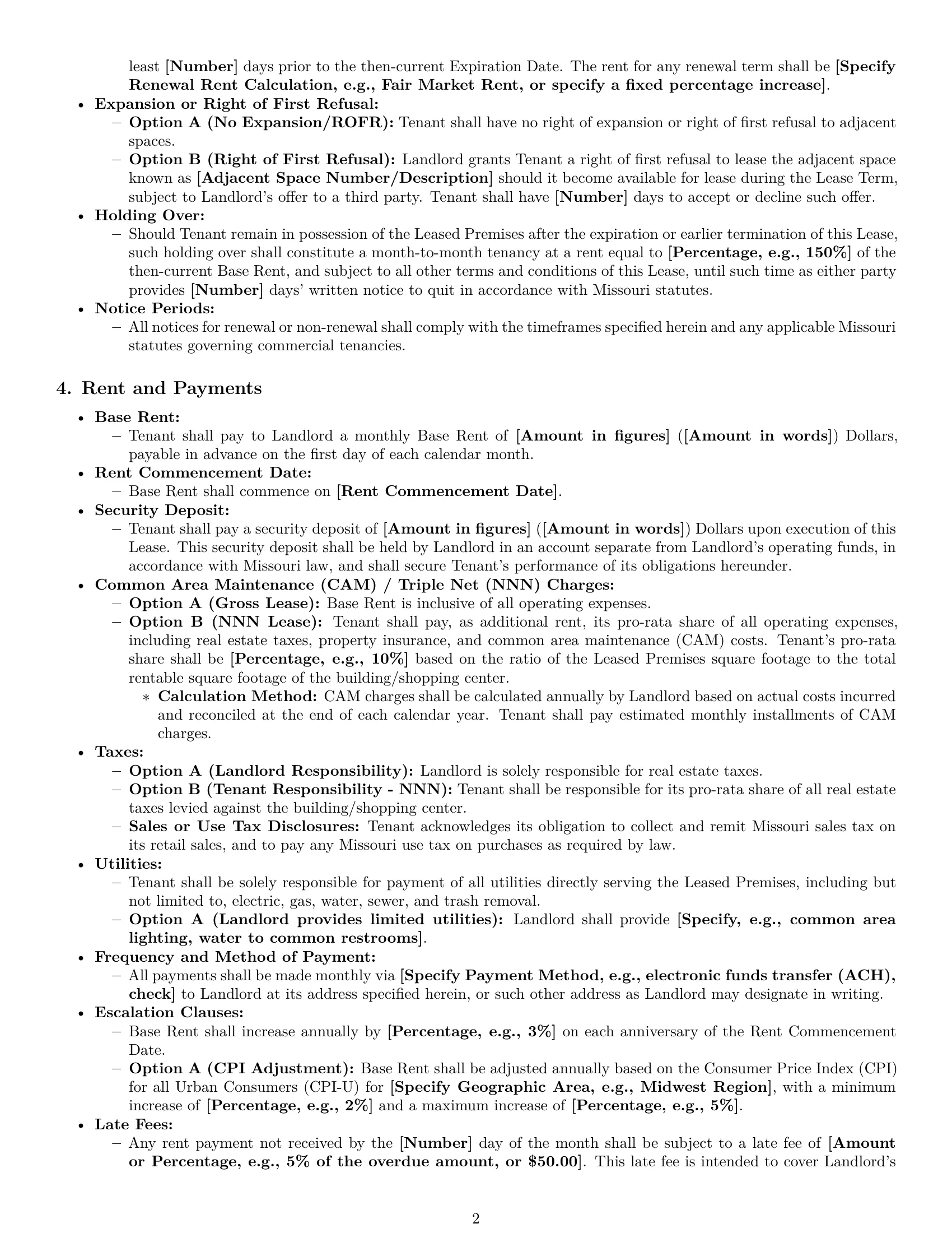 Preview page 2 of Pro Missouri retail lease agreement template