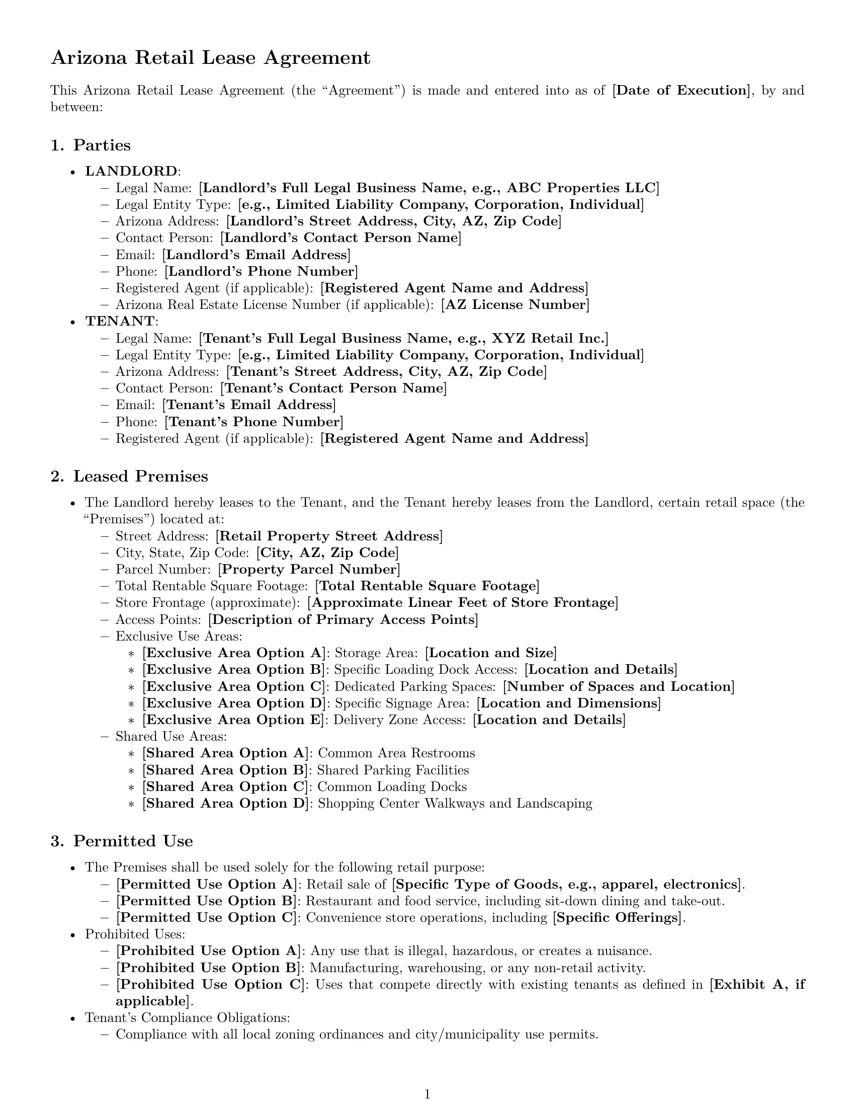 Preview page 1 of Pro Arizona retail lease agreement template