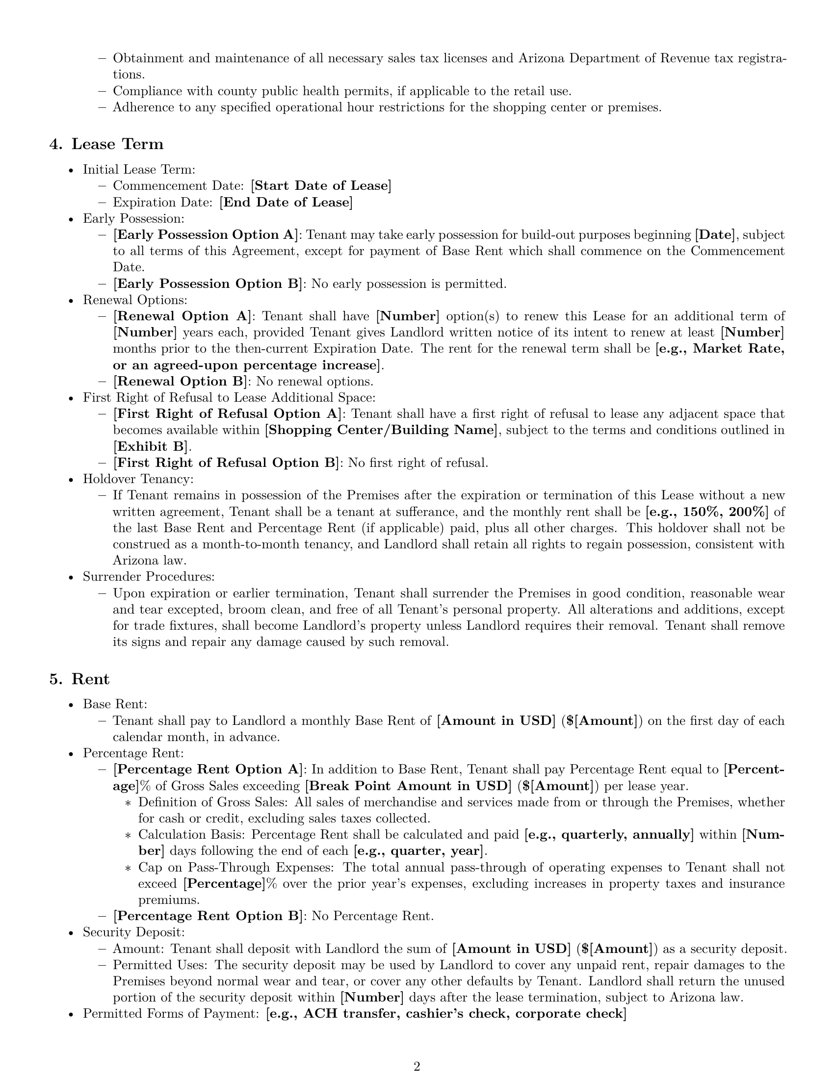 Preview page 2 of Pro Arizona retail lease agreement template