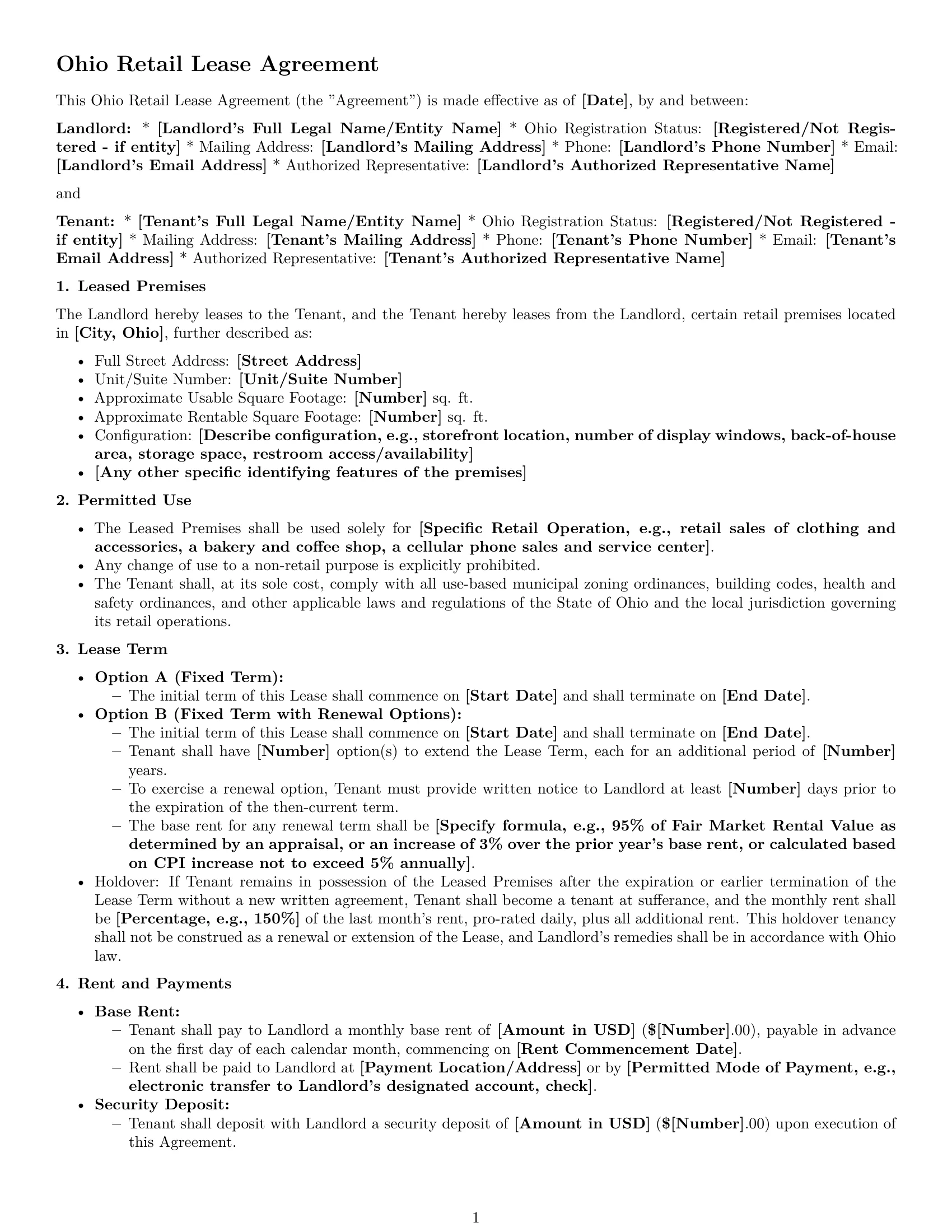 Preview page 1 of Pro Ohio retail lease agreement template