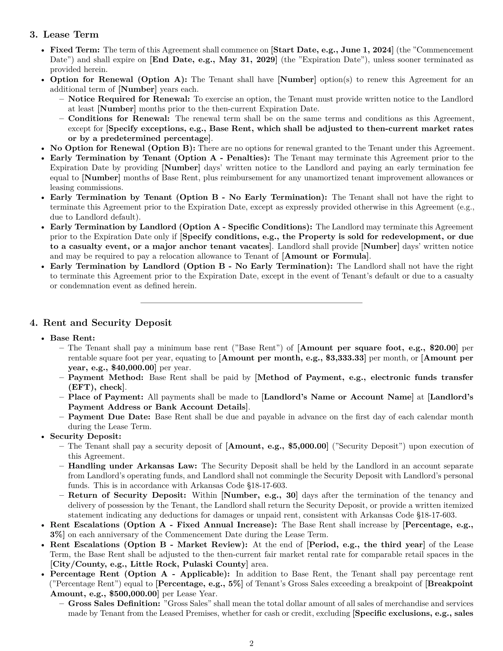 Preview page 2 of Pro Arkansas retail lease agreement template