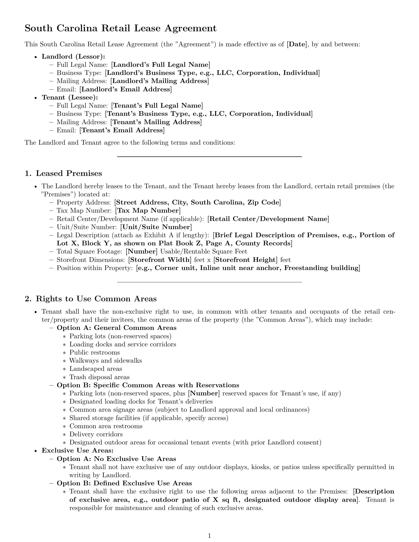 Preview page 1 of Pro South Carolina retail lease agreement template