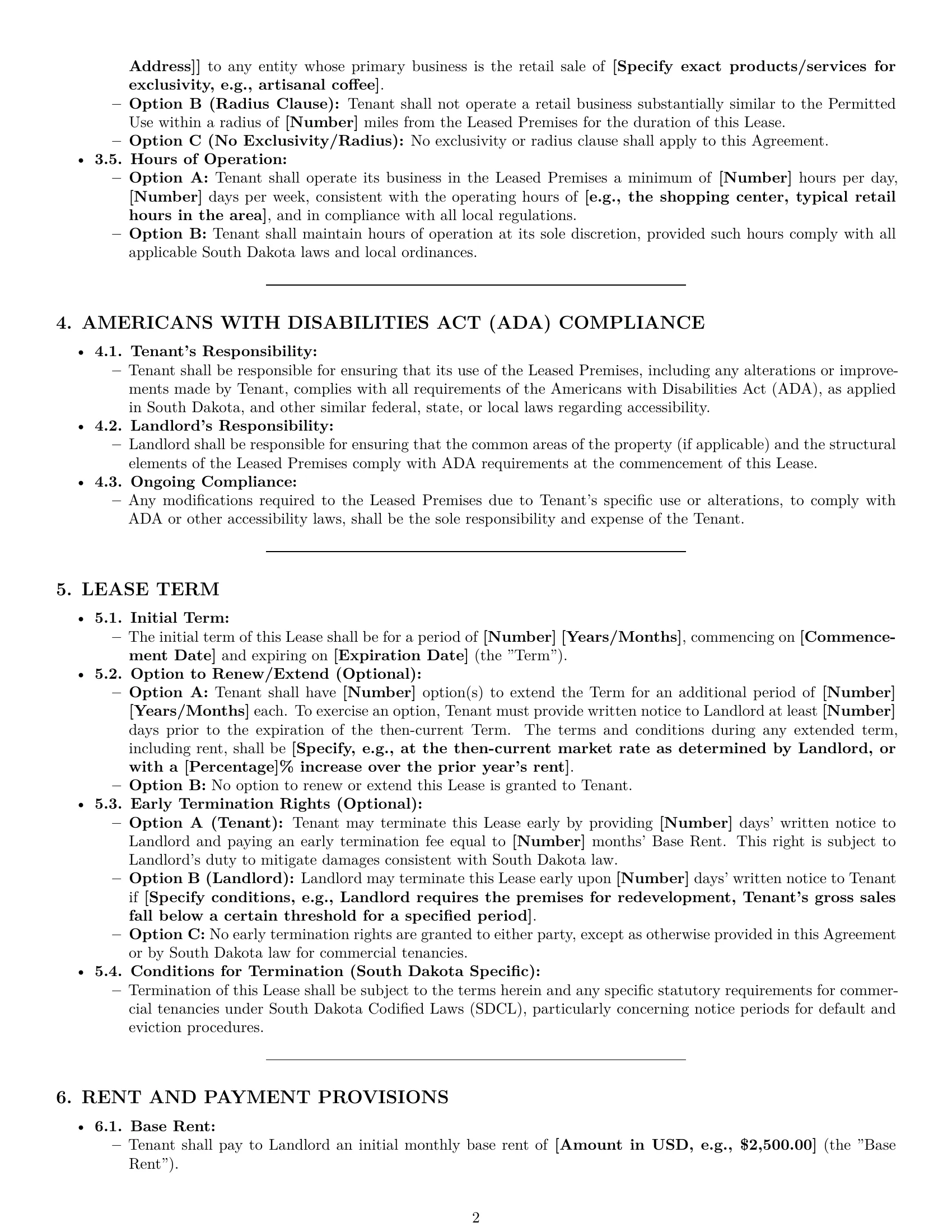 Preview page 2 of Pro South Dakota retail lease agreement template