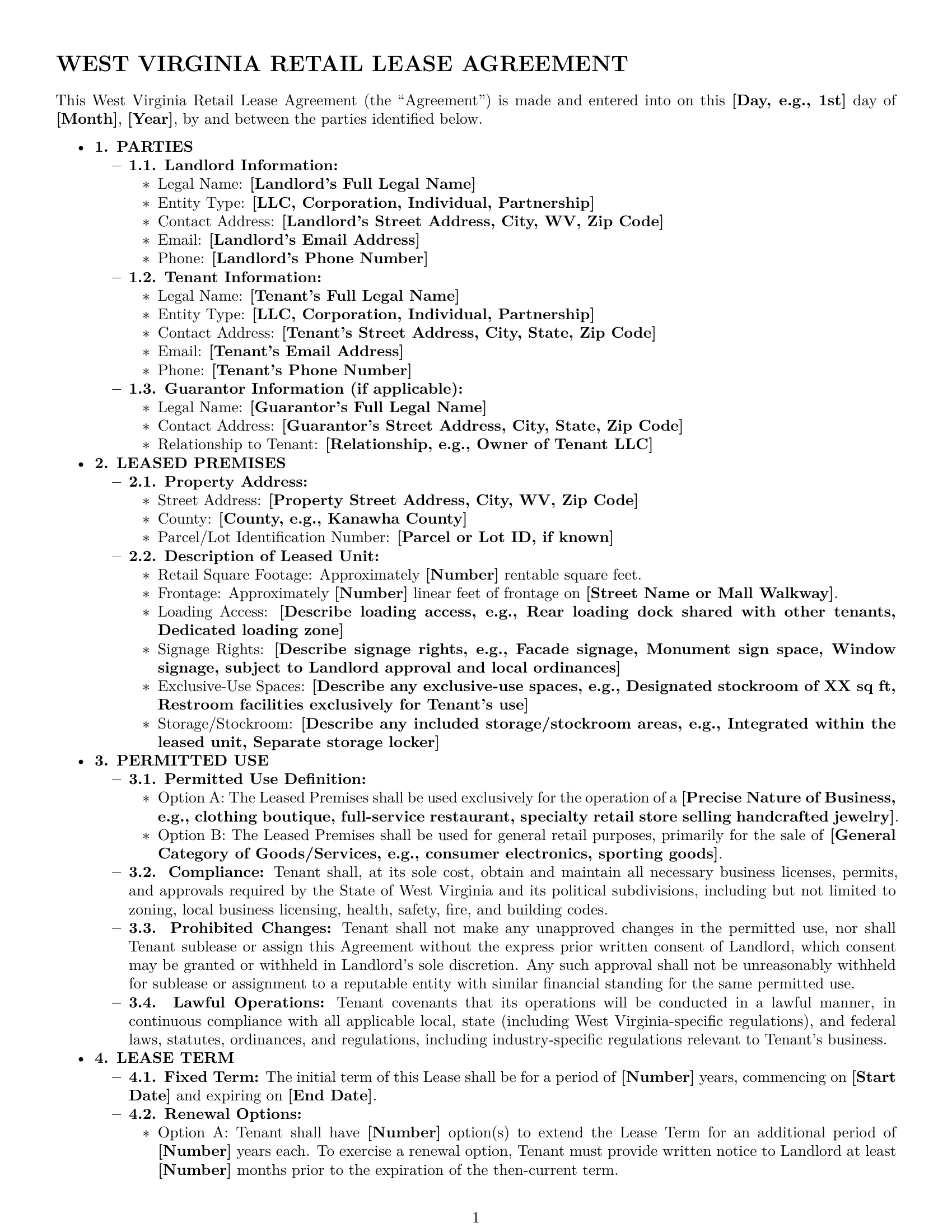 Preview page 1 of Pro West Virginia retail lease agreement template