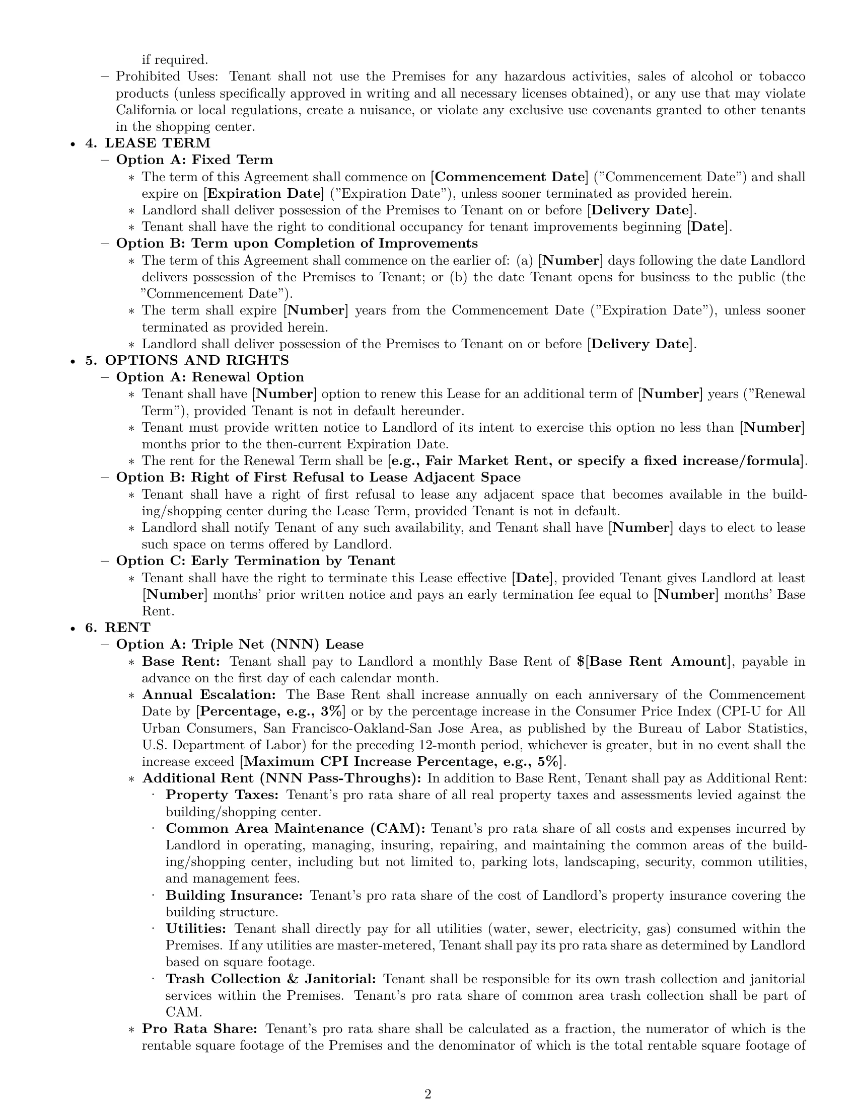Preview page 2 of Pro California retail lease agreement template