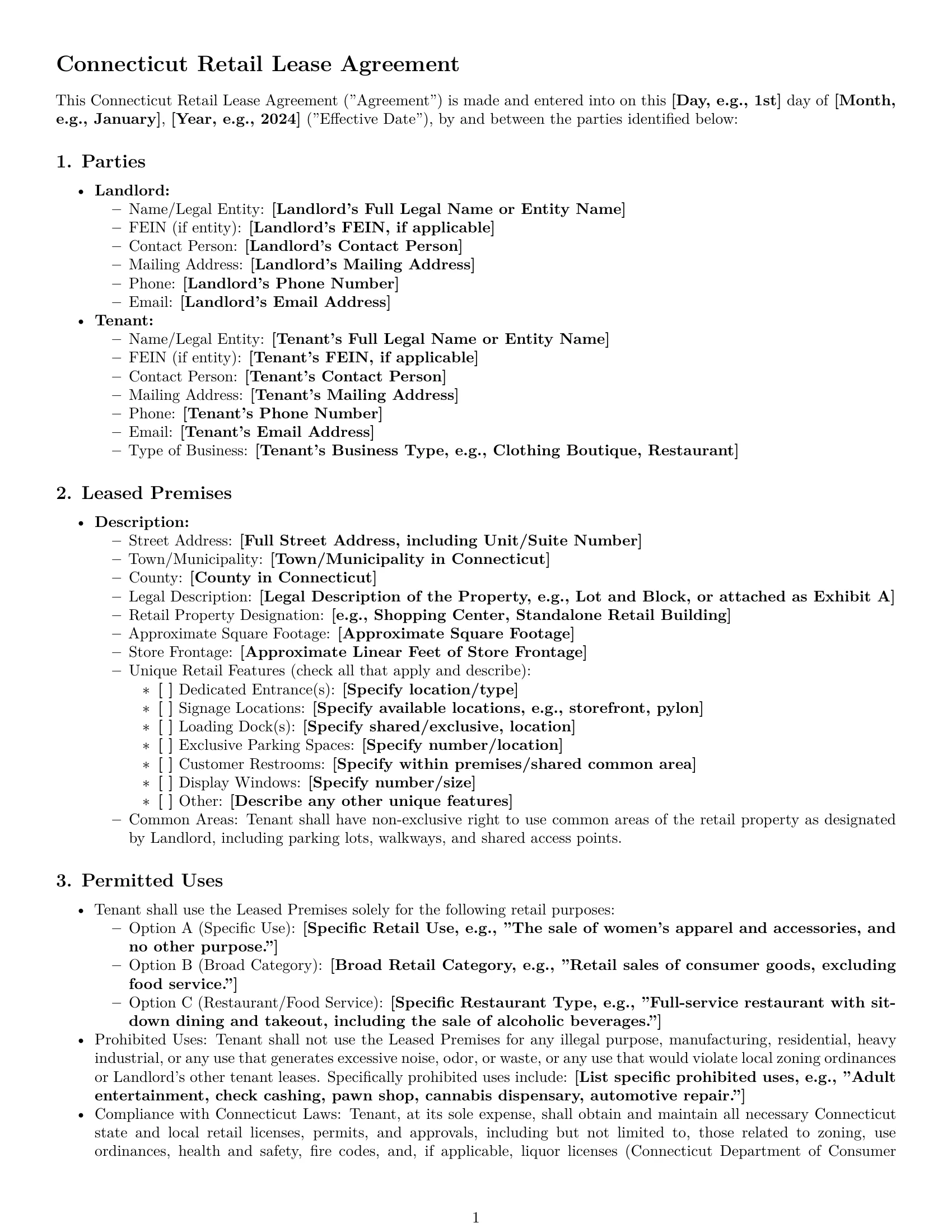 Preview page 1 of Pro Connecticut retail lease agreement template