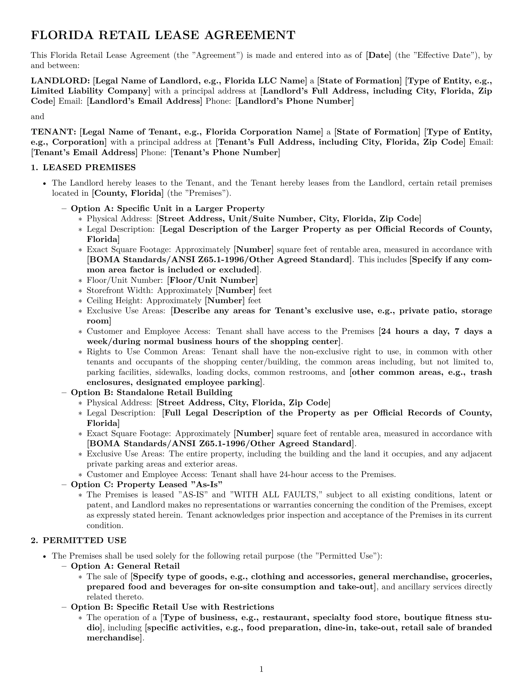 Preview page 1 of Pro Florida retail lease agreement template