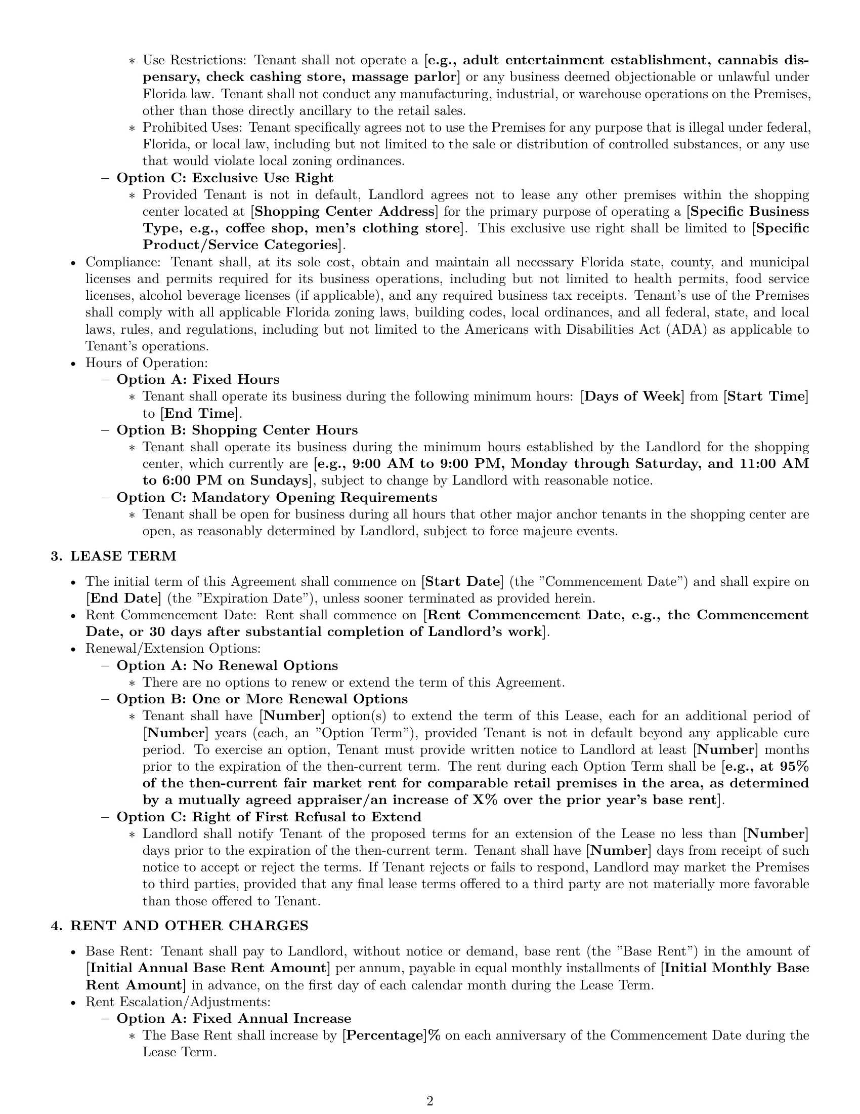 Preview page 2 of Pro Florida retail lease agreement template