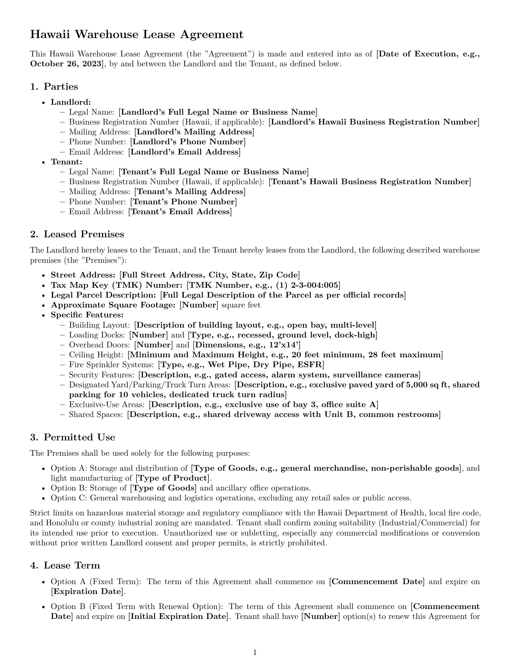 Preview page 1 of Pro Hawaii warehouse lease agreement template