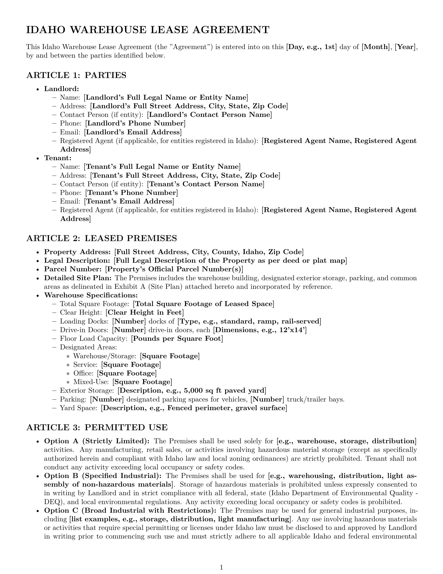 Preview page 1 of Pro Idaho warehouse lease agreement template