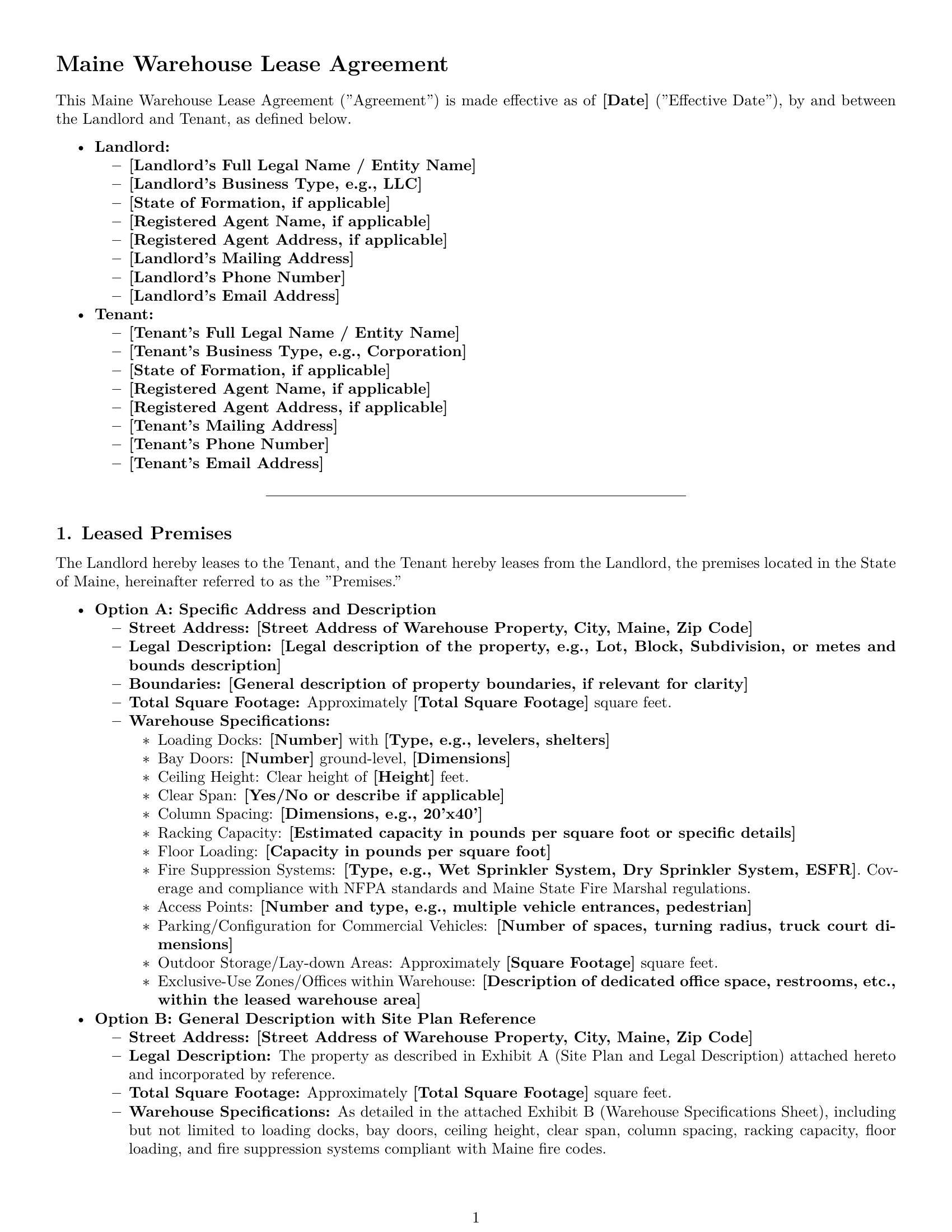 Preview page 1 of Pro Maine warehouse lease agreement template