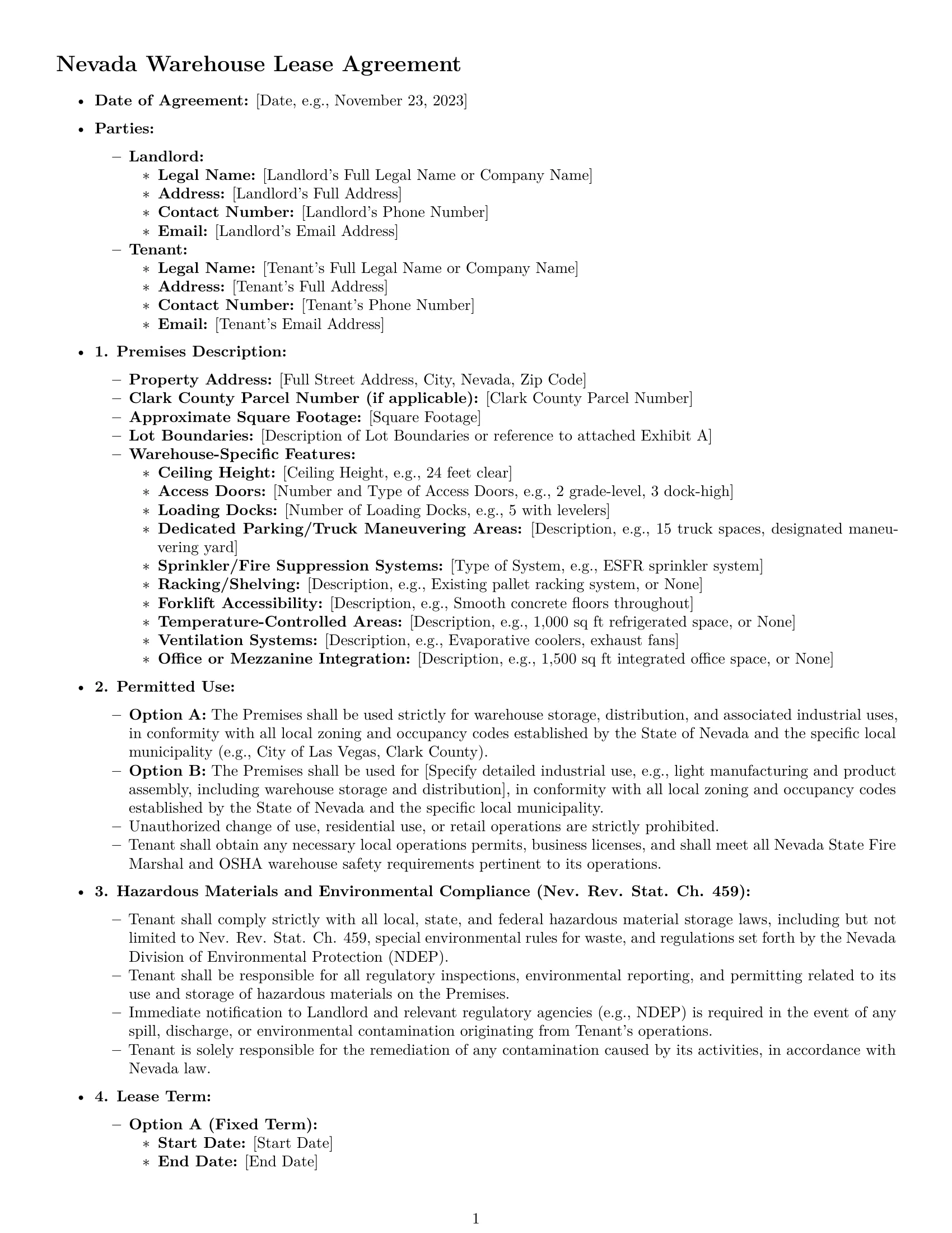 Preview page 1 of Pro Nevada warehouse lease agreement template