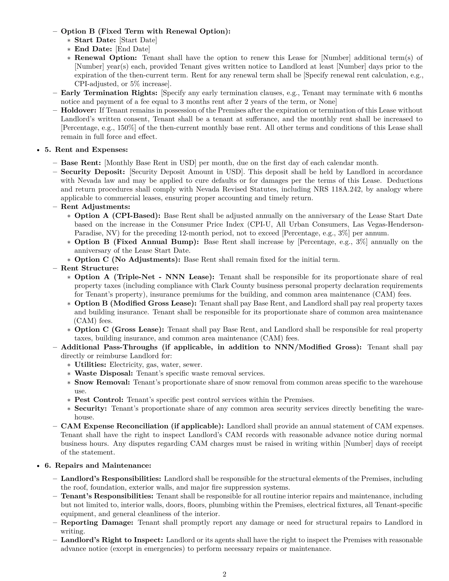 Preview page 2 of Pro Nevada warehouse lease agreement template