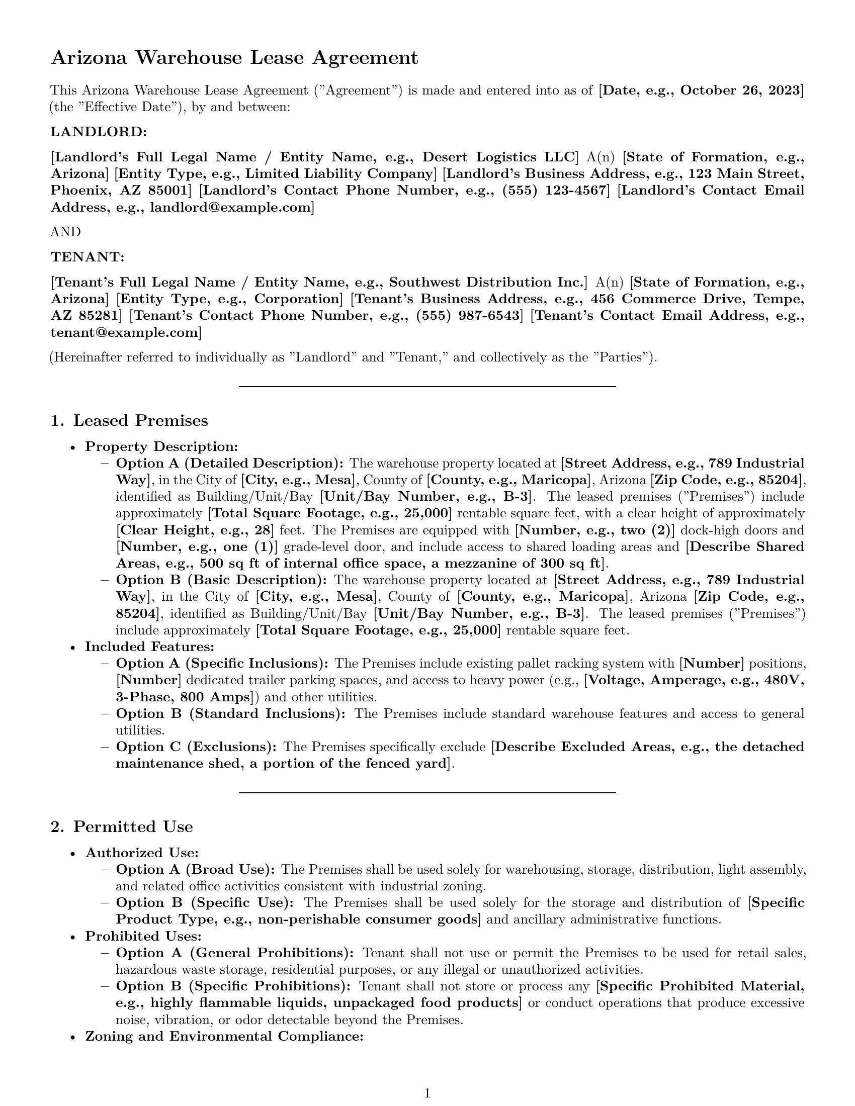 Preview page 1 of Pro Arizona warehouse lease agreement template