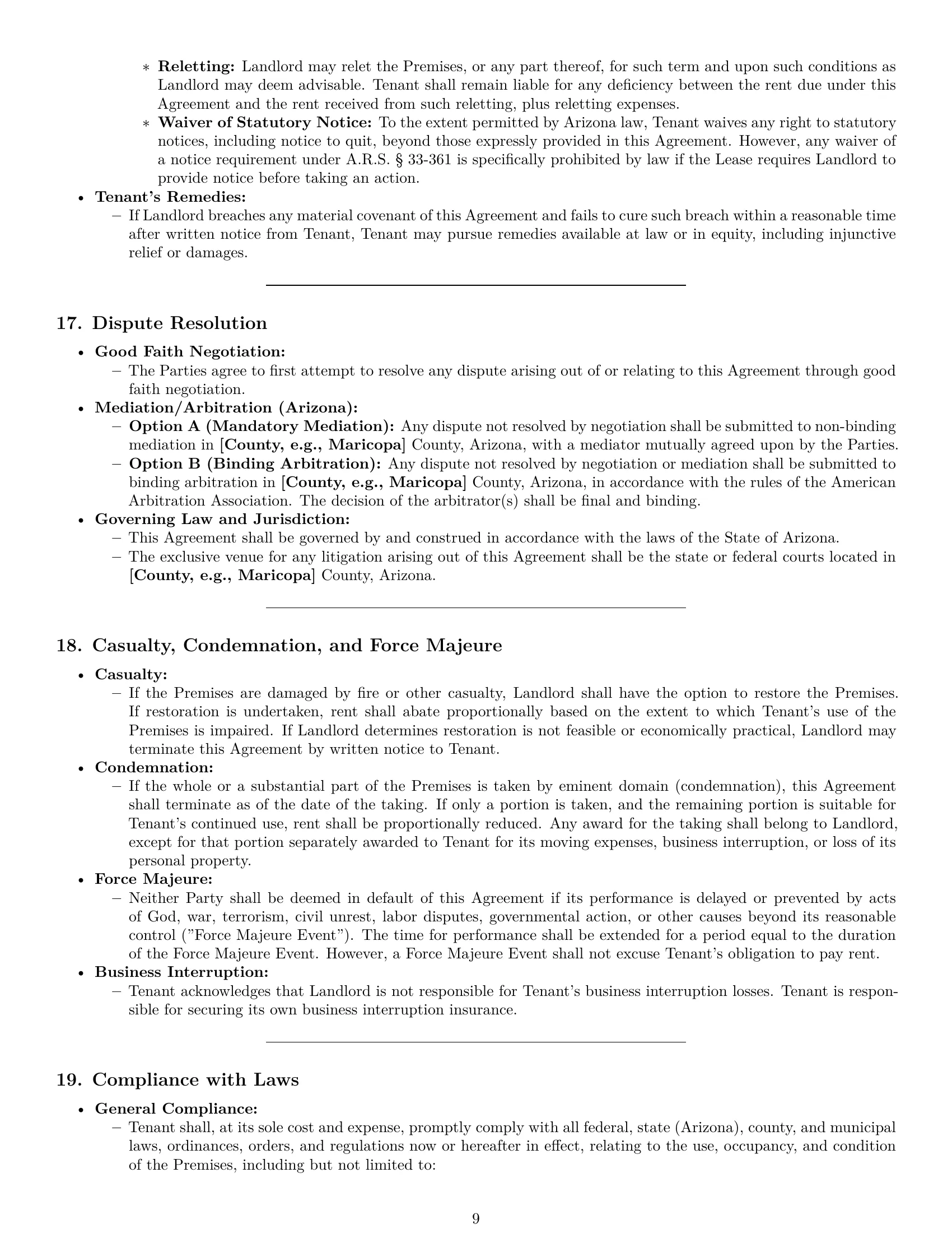 Preview page 9 of Pro Arizona warehouse lease agreement template