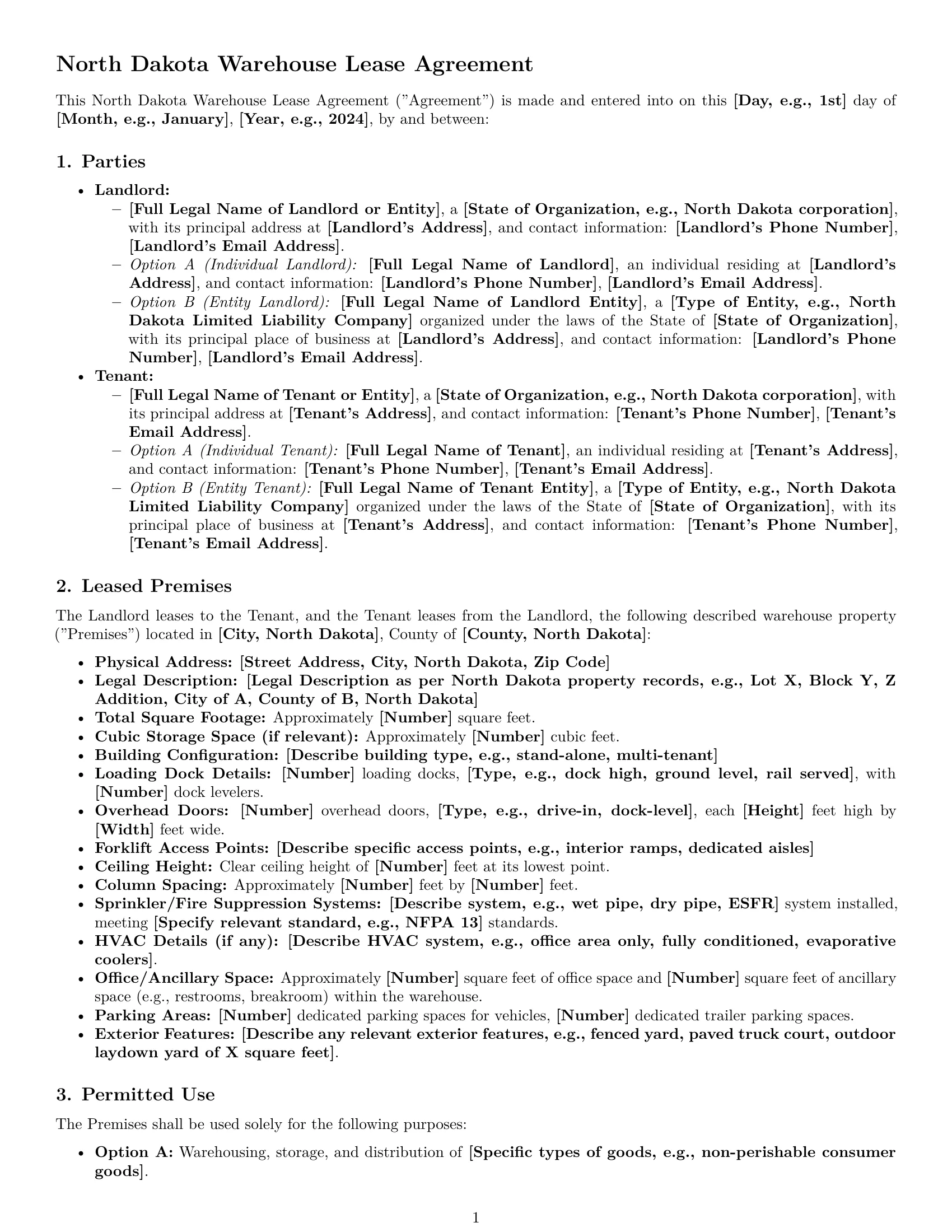 Preview page 1 of Pro North Dakota warehouse lease agreement template