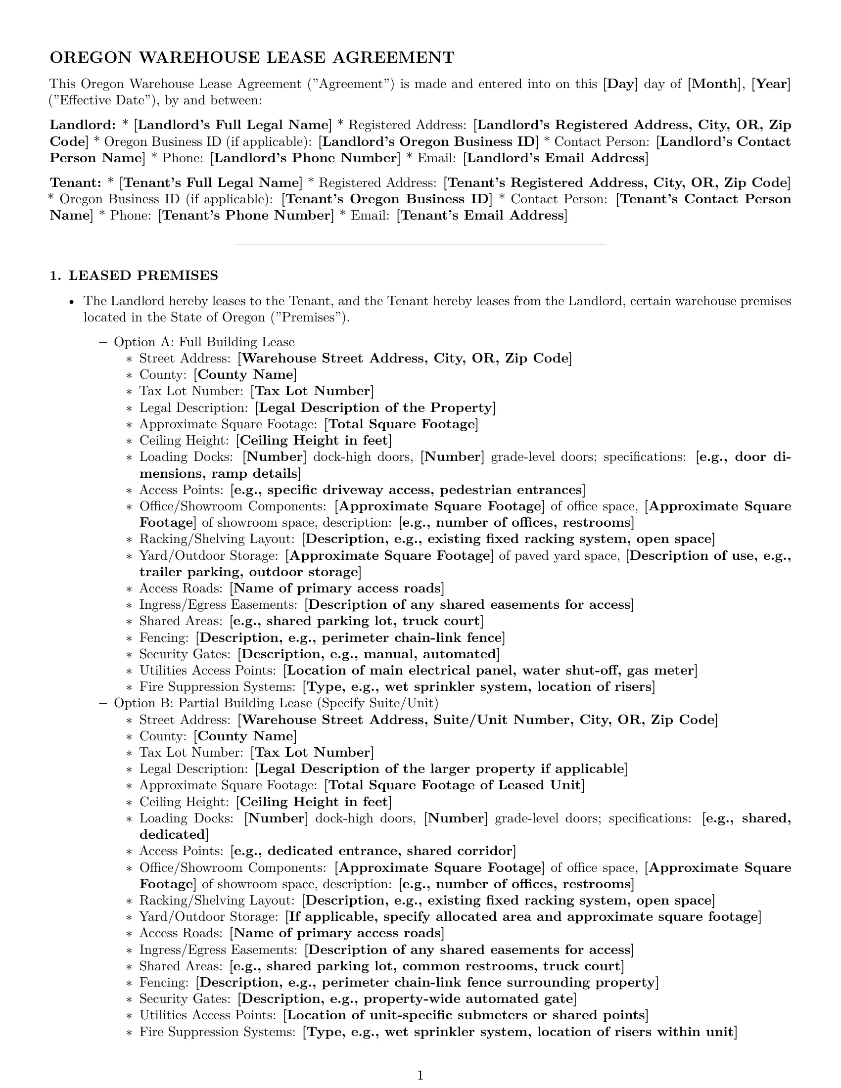 Preview page 1 of Pro Oregon warehouse lease agreement template