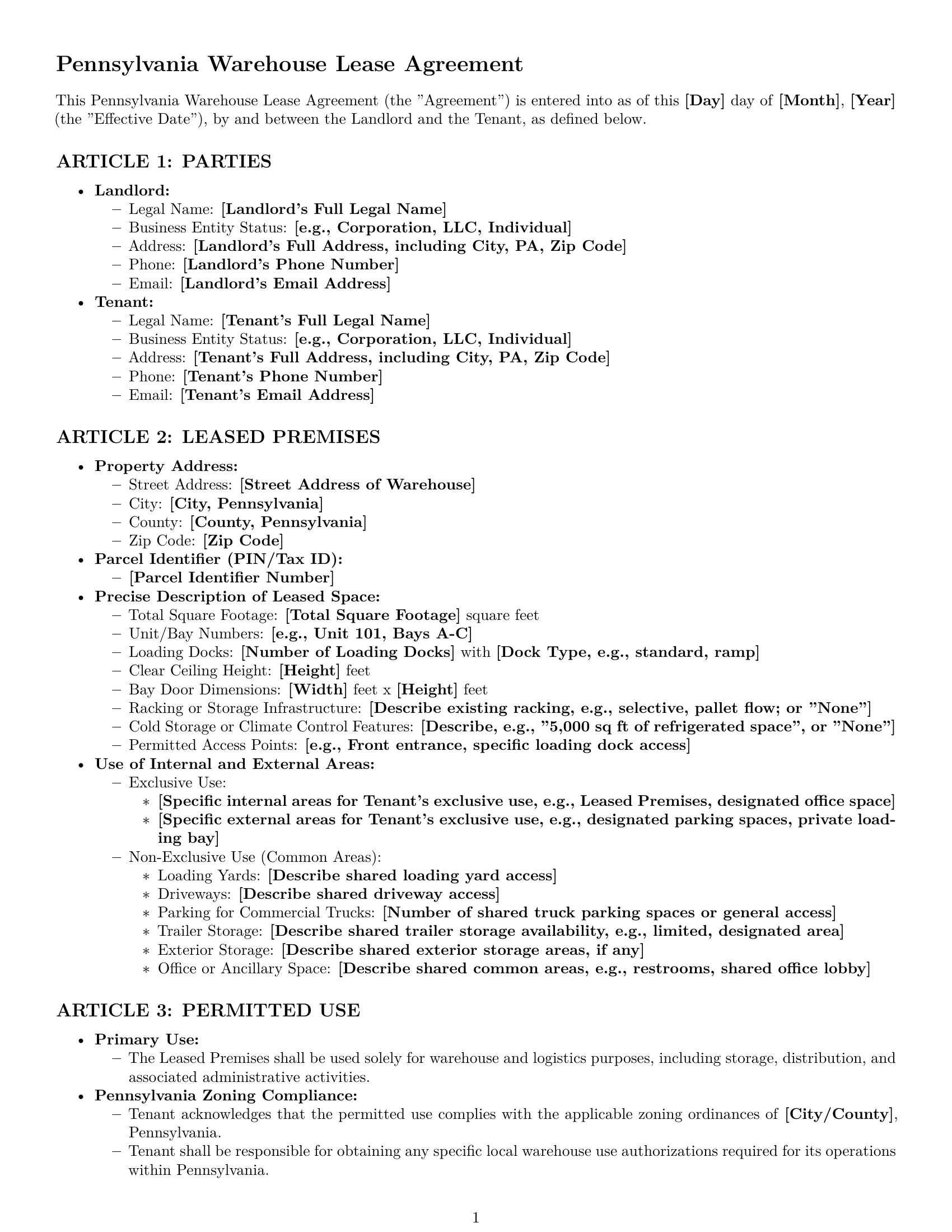 Preview page 1 of Pro Pennsylvania warehouse lease agreement template