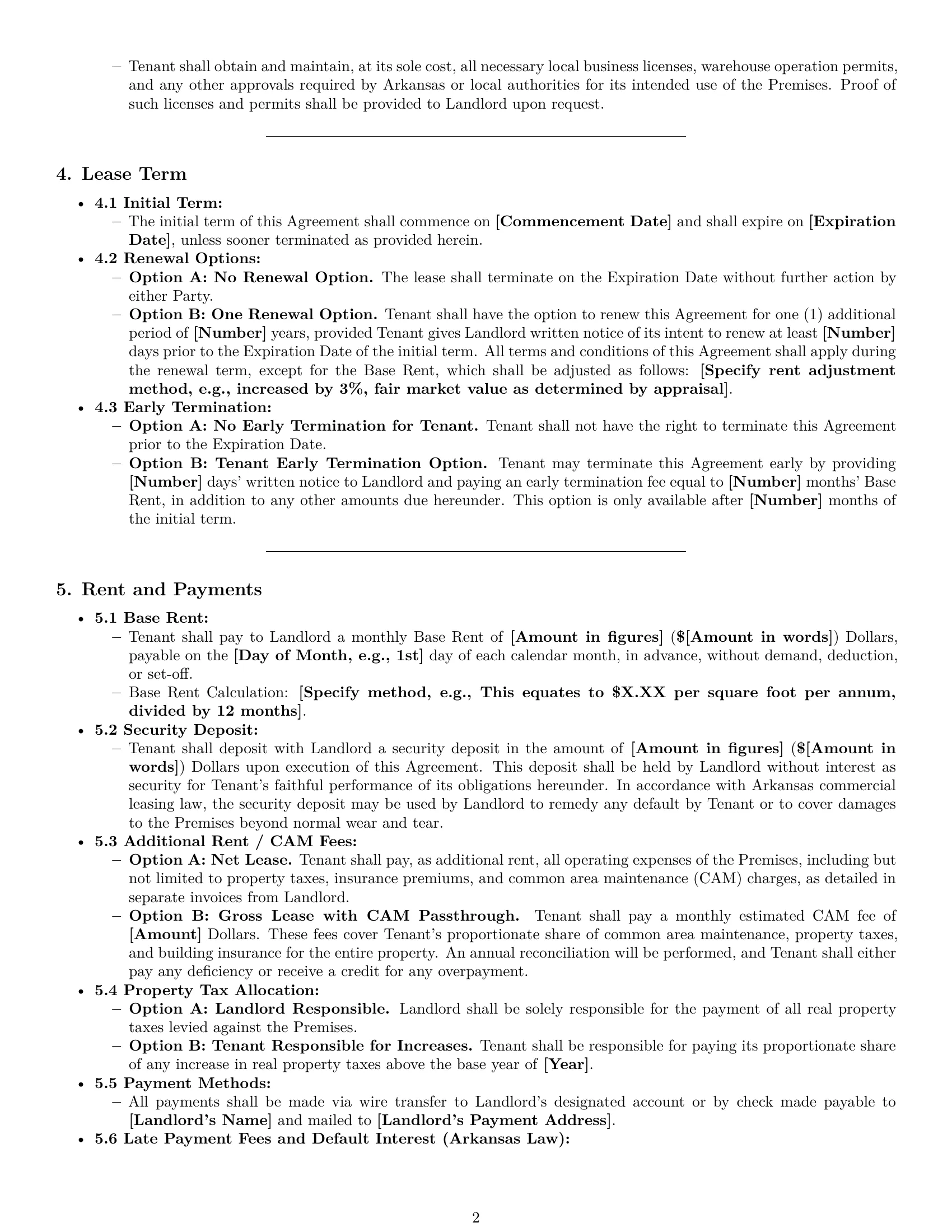 Preview page 2 of Pro Arkansas warehouse lease agreement template