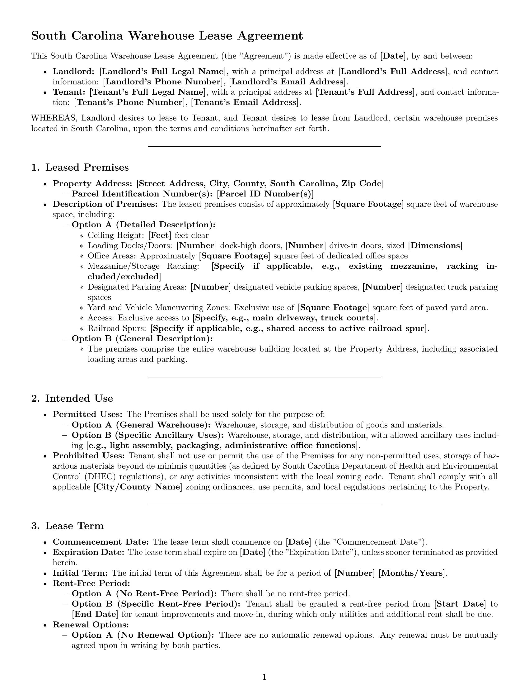 Preview page 1 of Pro South Carolina warehouse lease agreement template