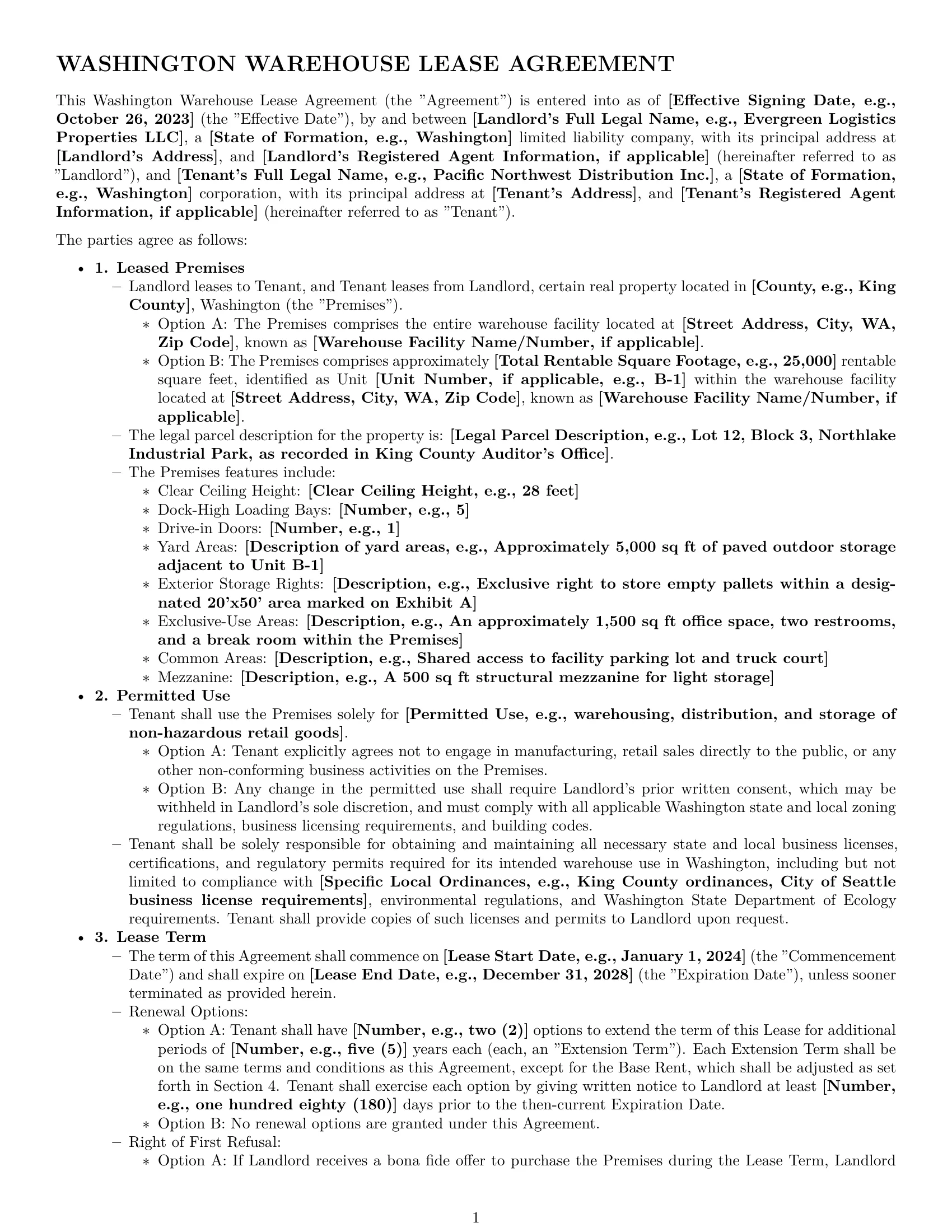 Preview page 1 of Pro Washington warehouse lease agreement template
