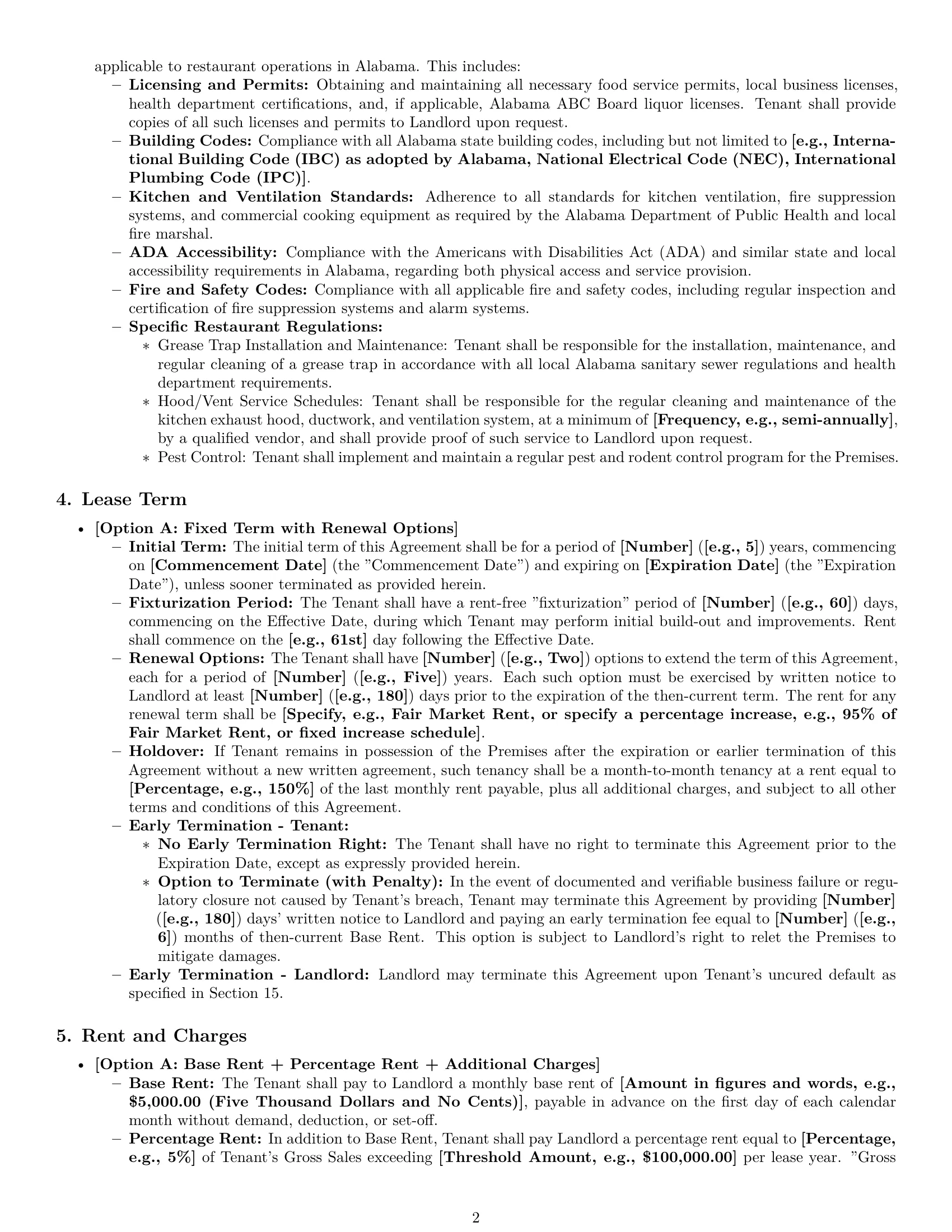 Preview page 2 of Pro Alabama restaurant lease agreement template