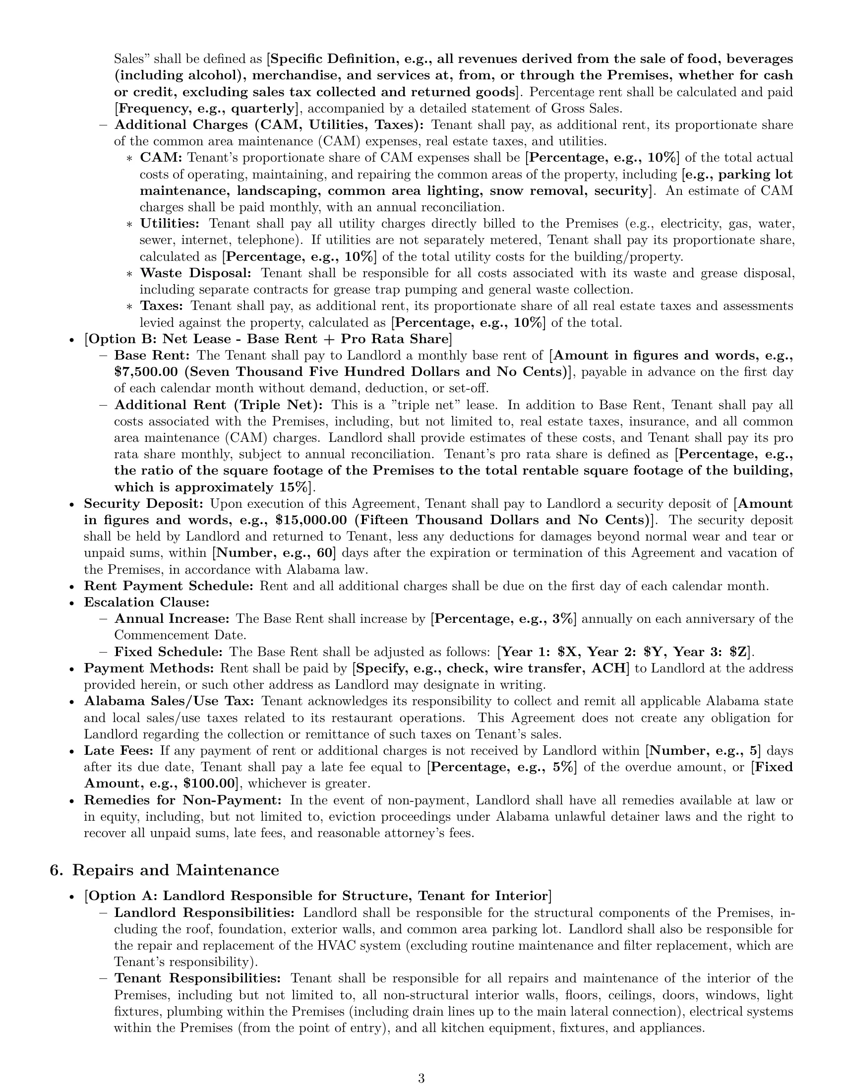 Preview page 3 of Pro Alabama restaurant lease agreement template