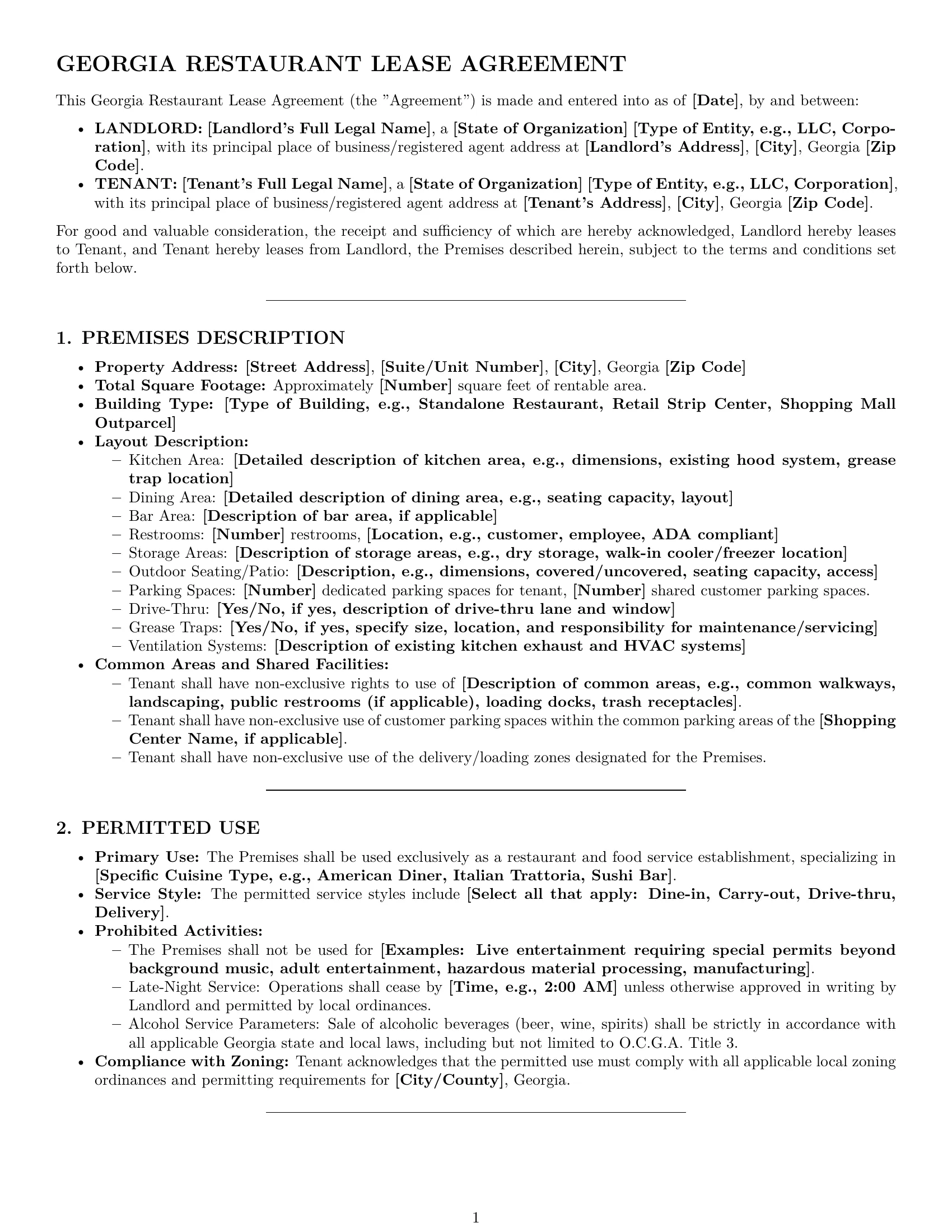Preview page 1 of Pro Georgia restaurant lease agreement template