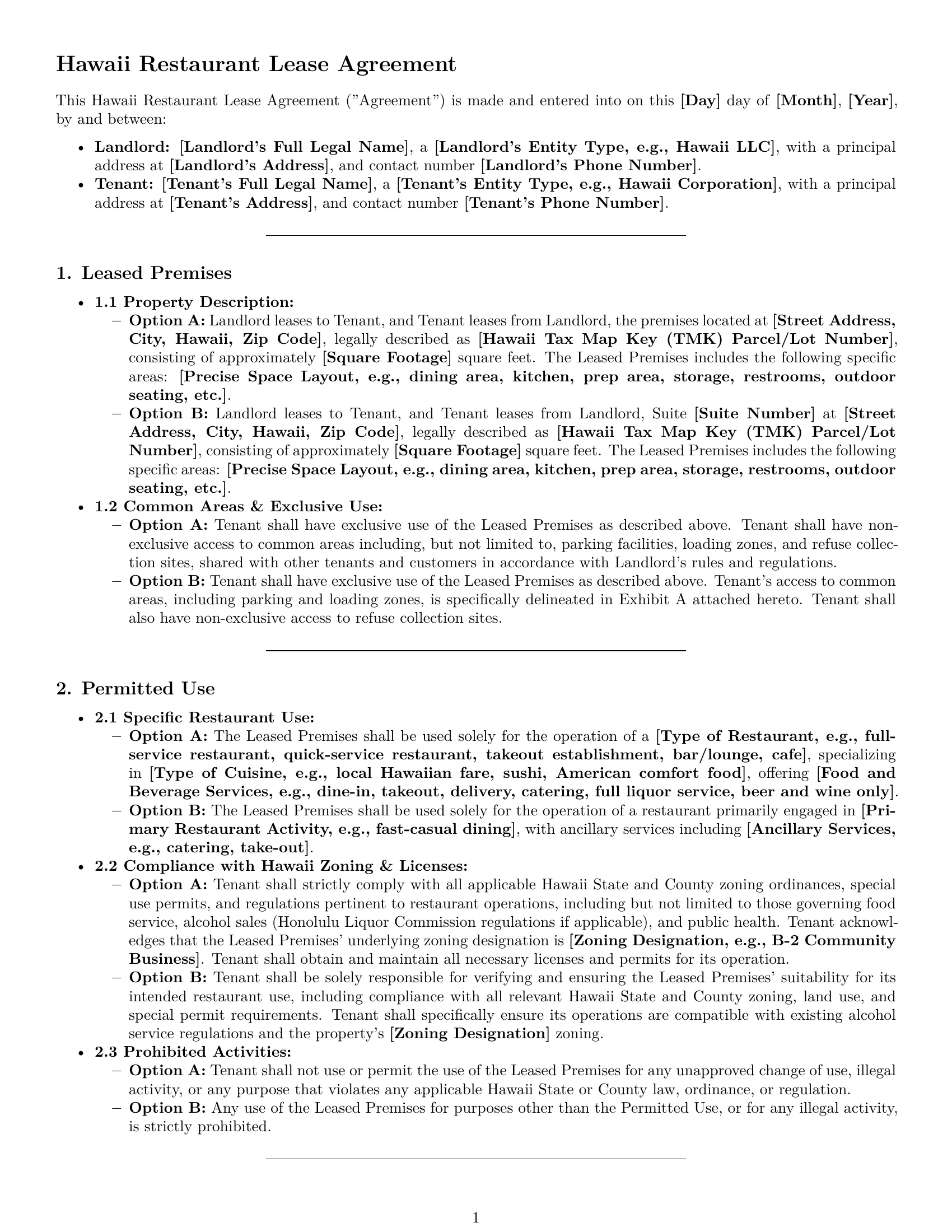 Preview page 1 of Pro Hawaii restaurant lease agreement template