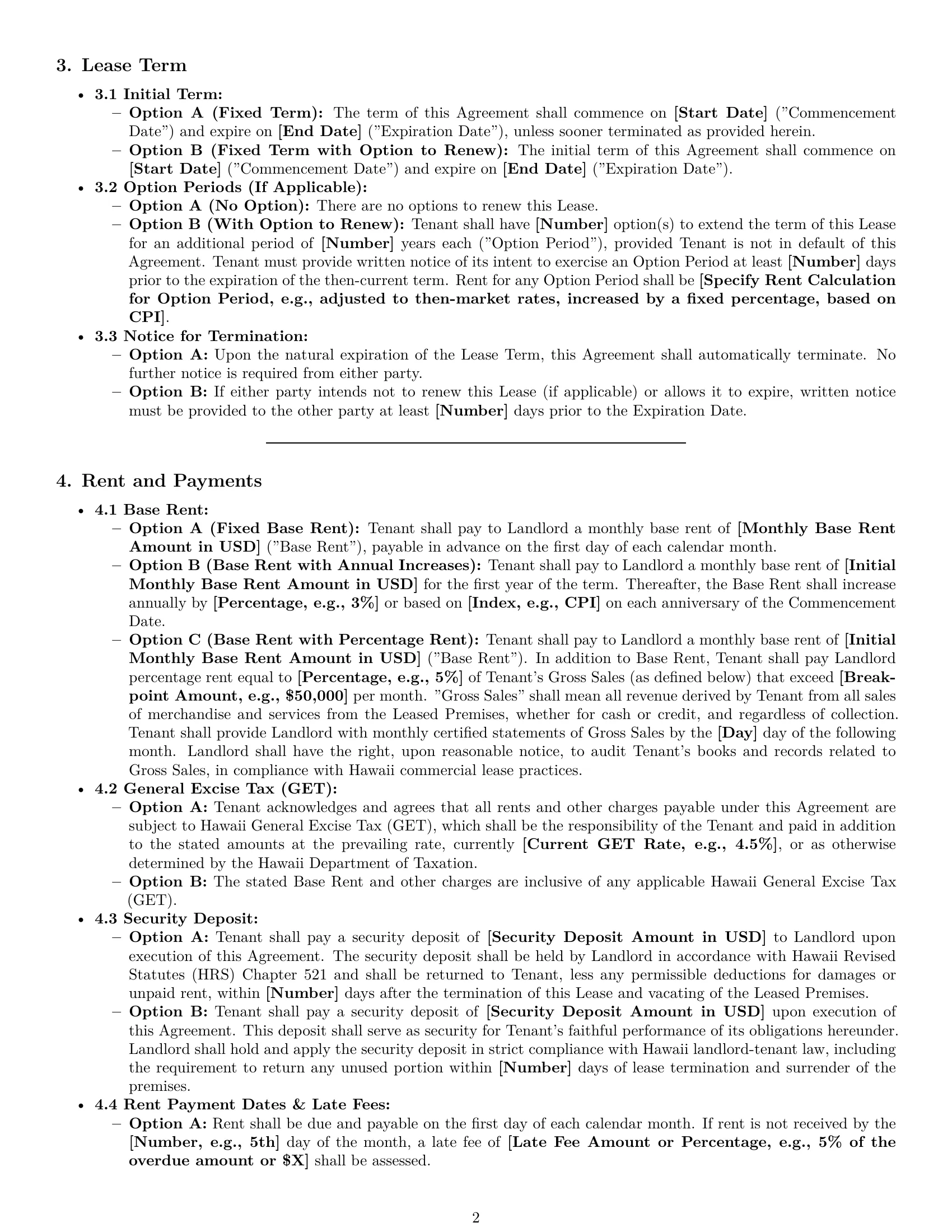 Preview page 2 of Pro Hawaii restaurant lease agreement template