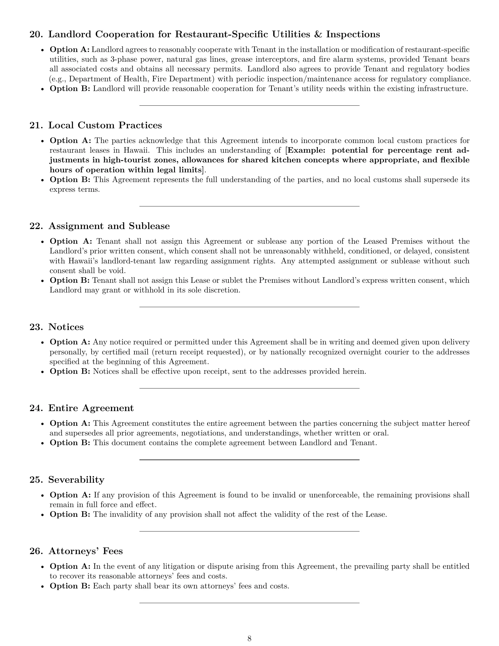 Preview page 8 of Pro Hawaii restaurant lease agreement template