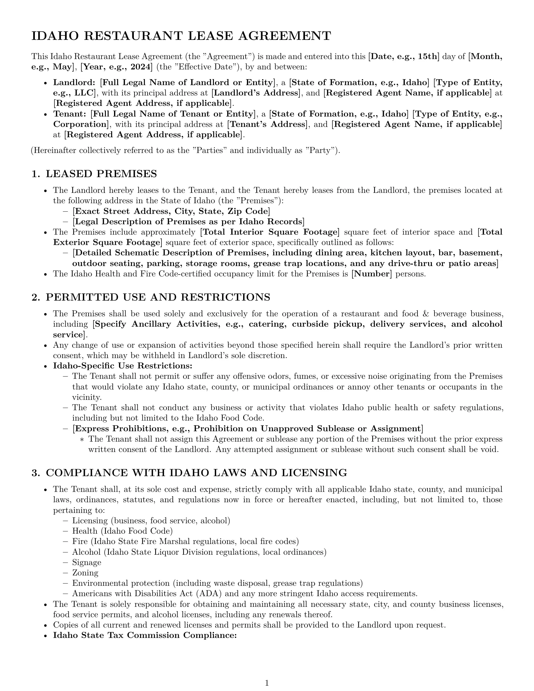 Preview page 1 of Pro Idaho restaurant lease agreement template