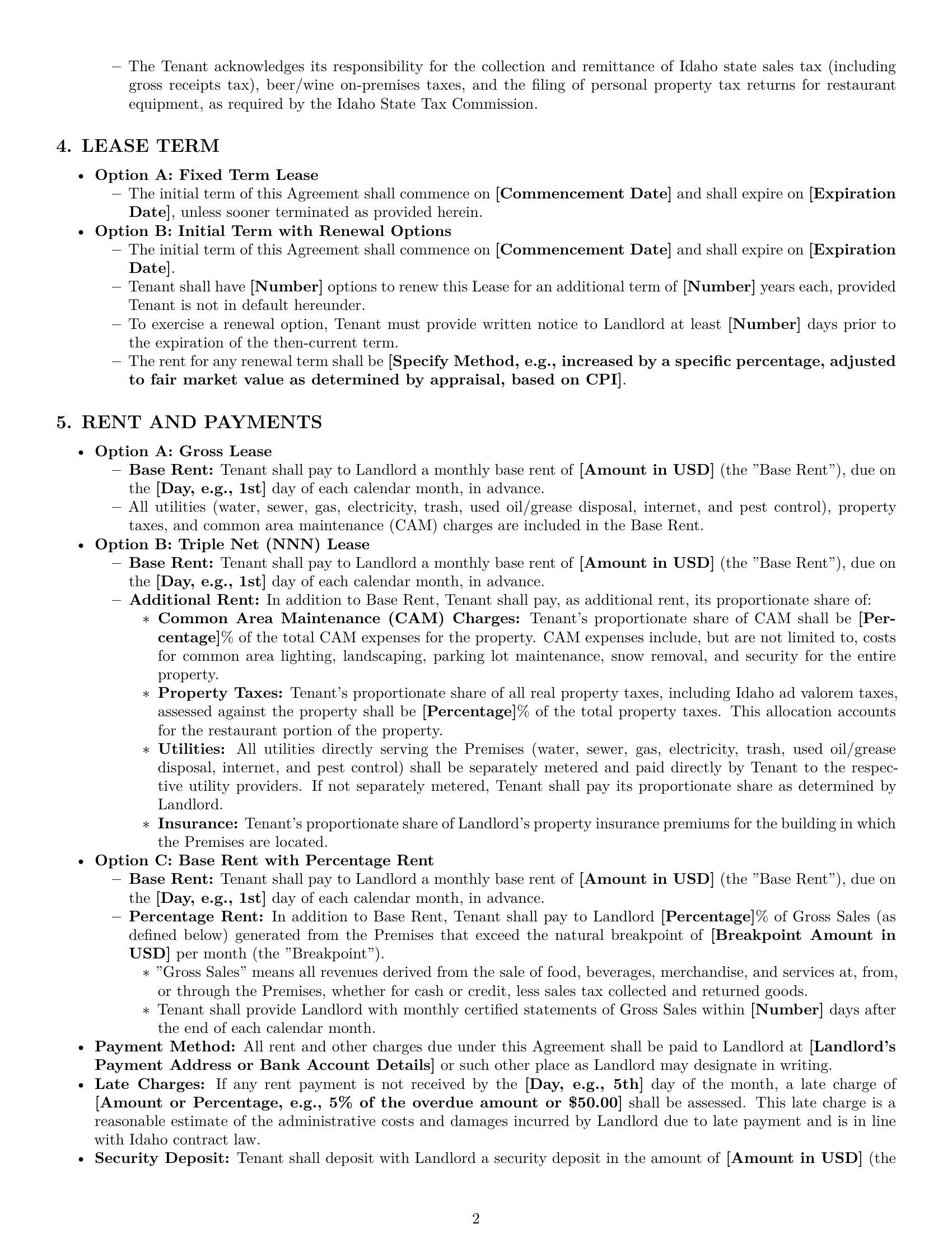Preview page 2 of Pro Idaho restaurant lease agreement template